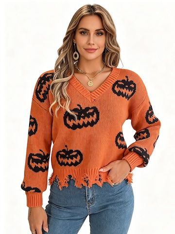 KoJooin Pullover 'Damen V-Ausschnitt Pullover mit Halloween-Kürbis-Motiv Farbkontrast,gestrickter Langarm-Pullover'‌‌‌‌‌‌‌‌‌ in Orange