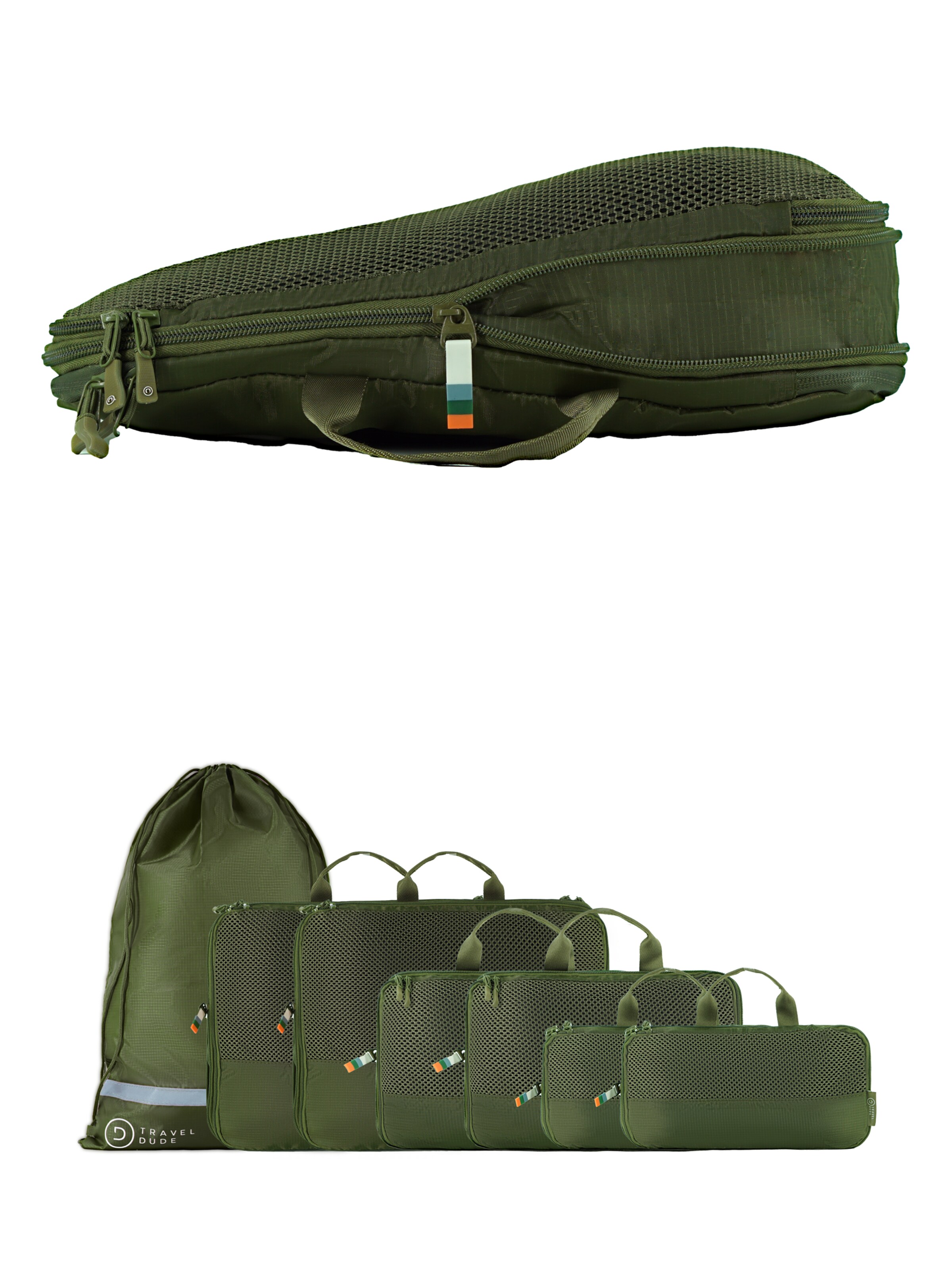 TRAVEL DUDE Travel Bag 'Packing Cubes Set 7 Teilig mit Kompression, Packwürfel, Packtaschen Set für Rucksack & Koffer' in Green: front