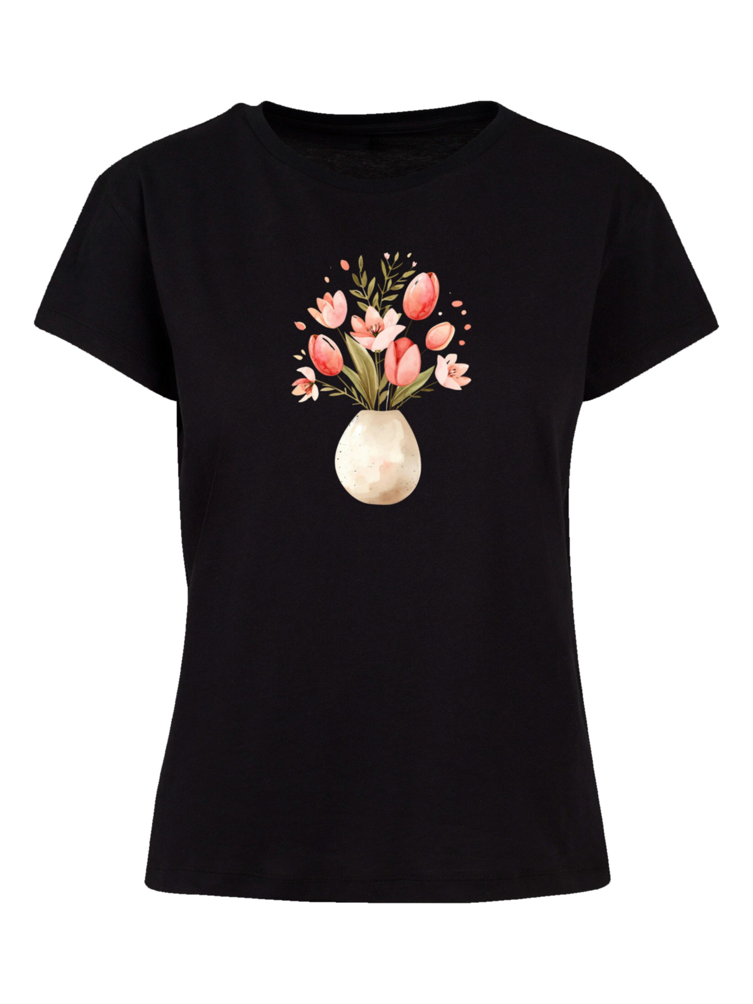 F4NT4STIC Shirt 'Rosa Frühlingsblumenstrauß In Vase' in Black: front