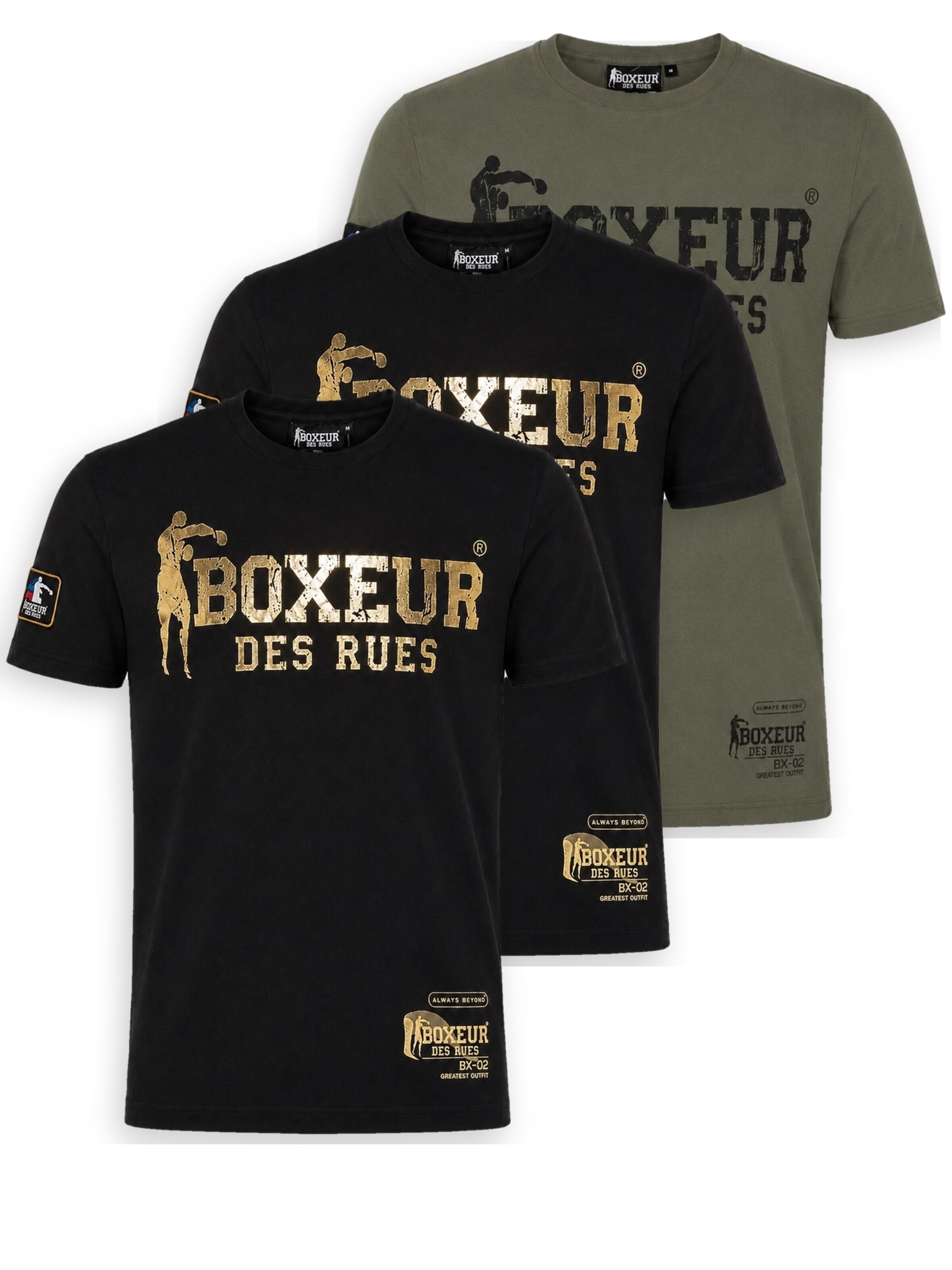 Boxeur des Rues Shirt 'Herren T-Shirt 3er-Pack Boxeur des Rues Slim Fit: 2 x Schwarz, Goldenes Logo + Oliv, Schwarzes Logo'‌‌‌‌‌ in L/Regular in mischfarben, Produktansicht