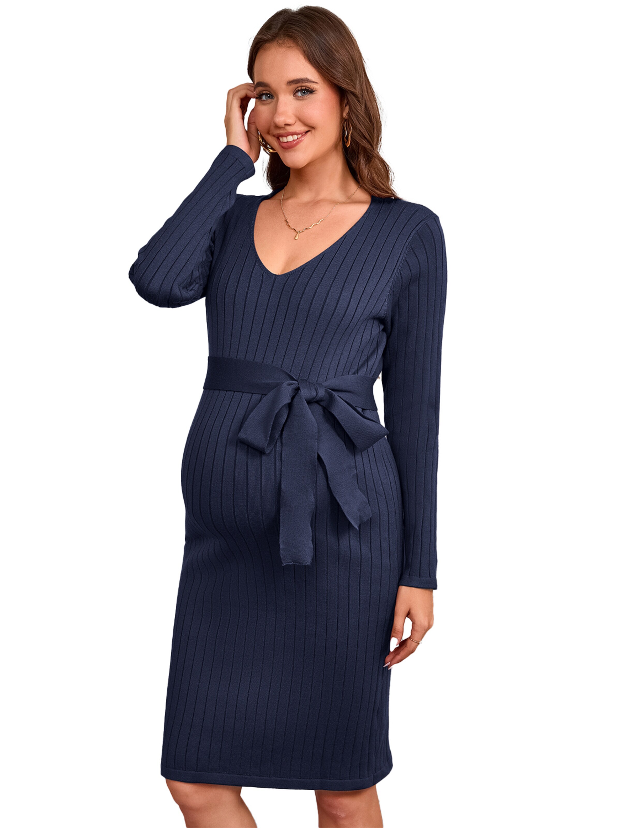 KoJooin Sukienka 'Umstandsstrickkleid mit V-Ausschnitt,Langarm und Taillengürtel – Bequemes Rippstrick-für Schwangere' w kolorze niebieski
