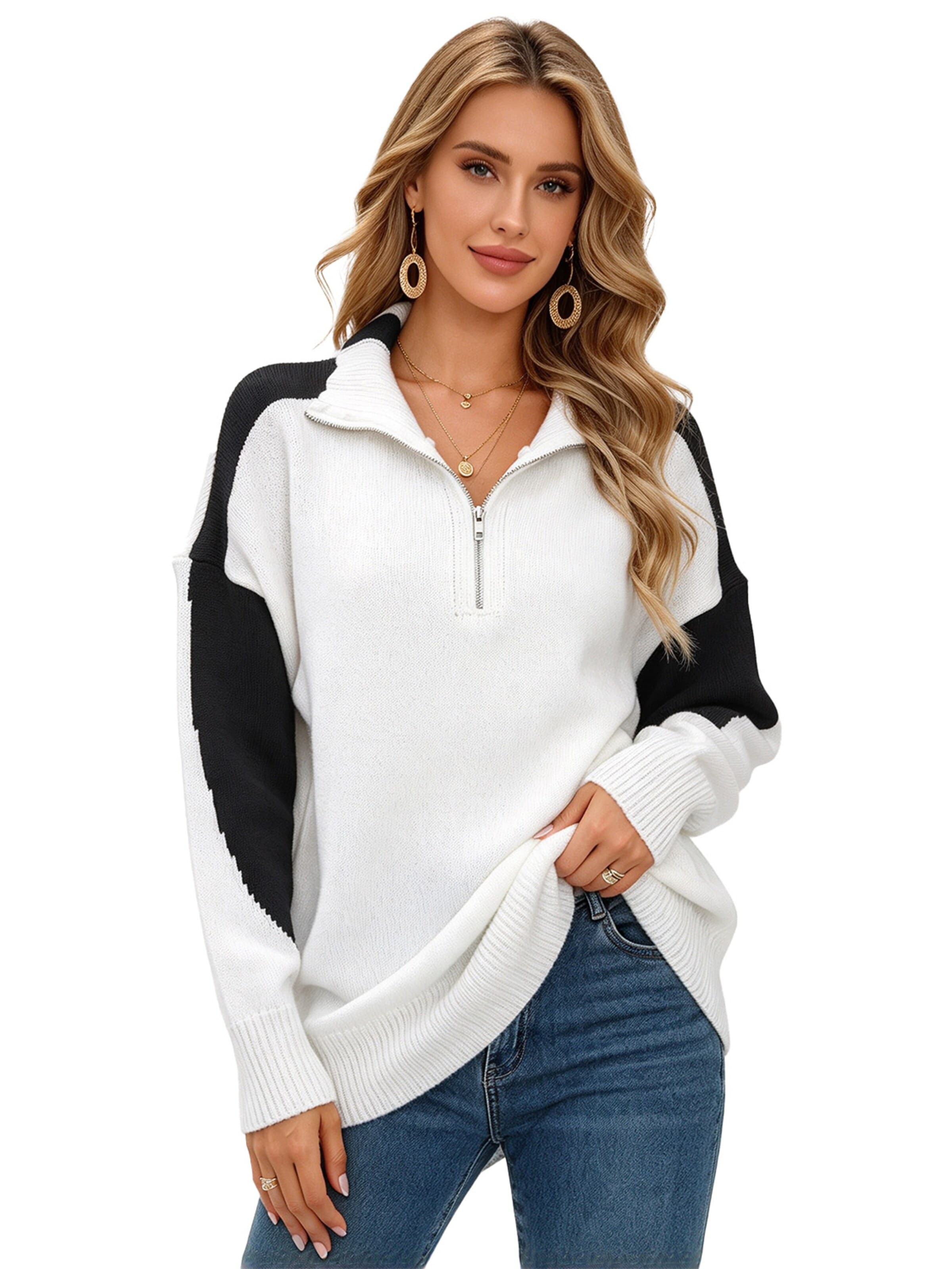 KoJooin Sweter 'Damen Oversize Strickpullover mit Stehkragen und Reißverschluss Lockerer Pullover mit Pull-Over' w kolorze czarny