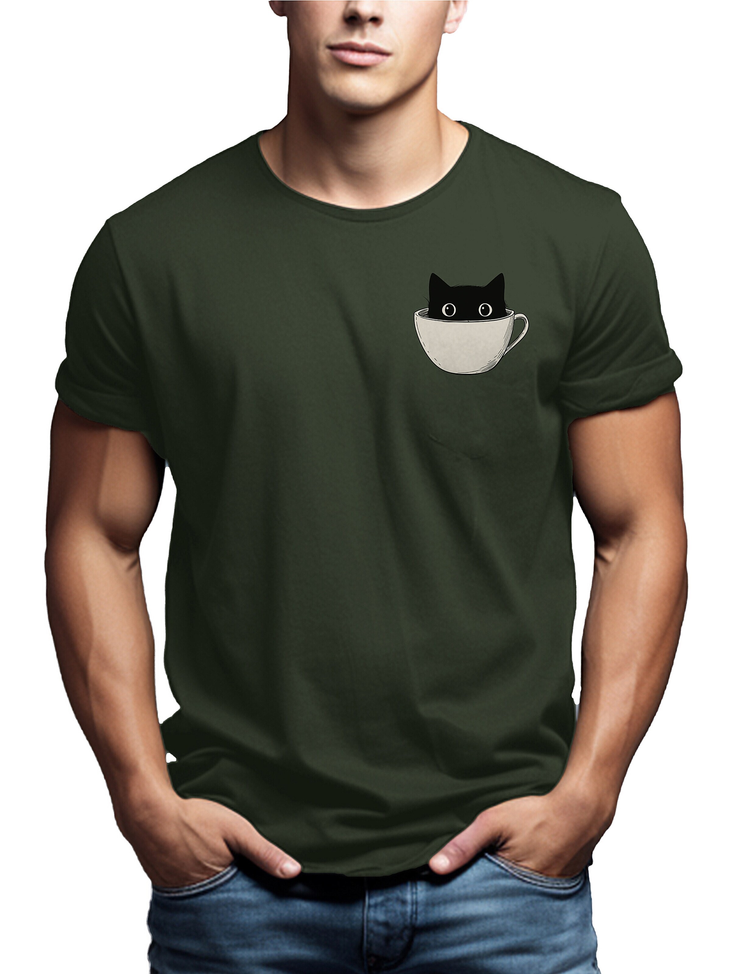 MAKAYA Shirt 'Cup Cat' in Green