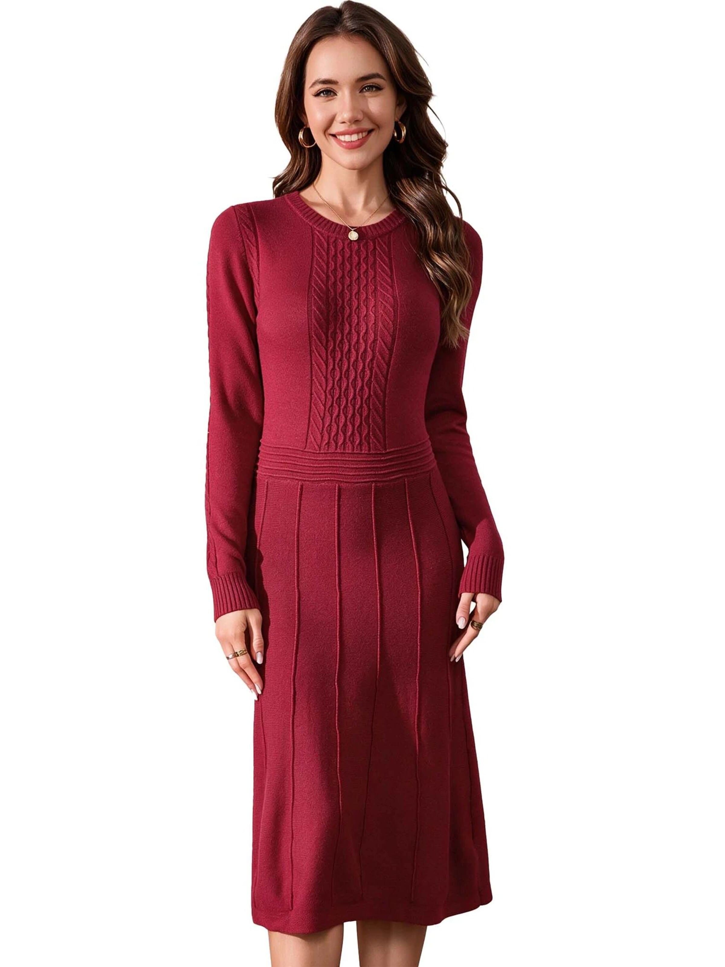 KoJooin Sukienka z dzianiny 'Damen-Rippstrickkleid in Midi-Länge mit Rundhalsausschnitt und langen Ärmeln' w kolorze czerwony