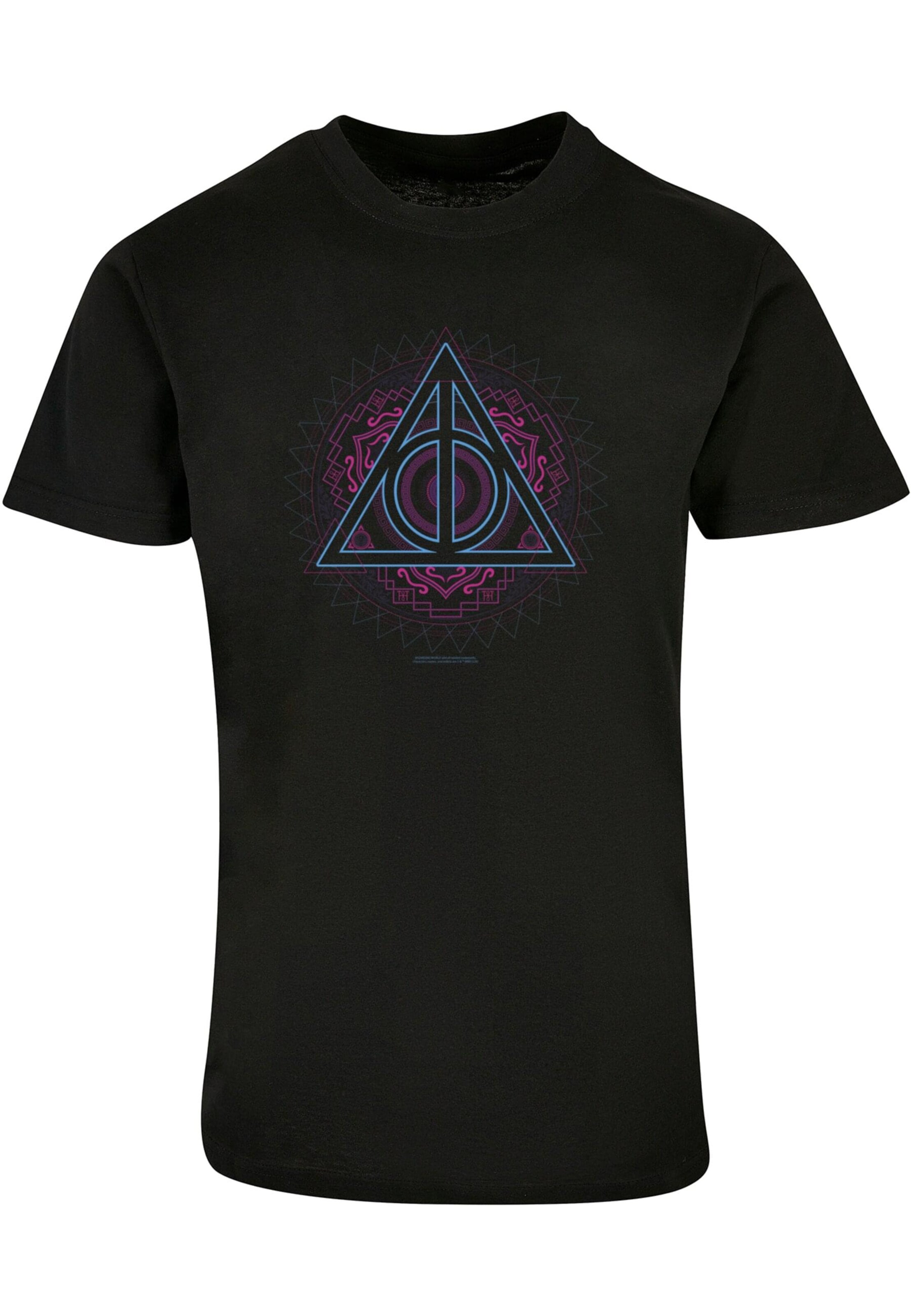 ABSOLUTE CULT Shirt 'Harry Potter - Neon Deathly Hallow' in Zwart: voorkant