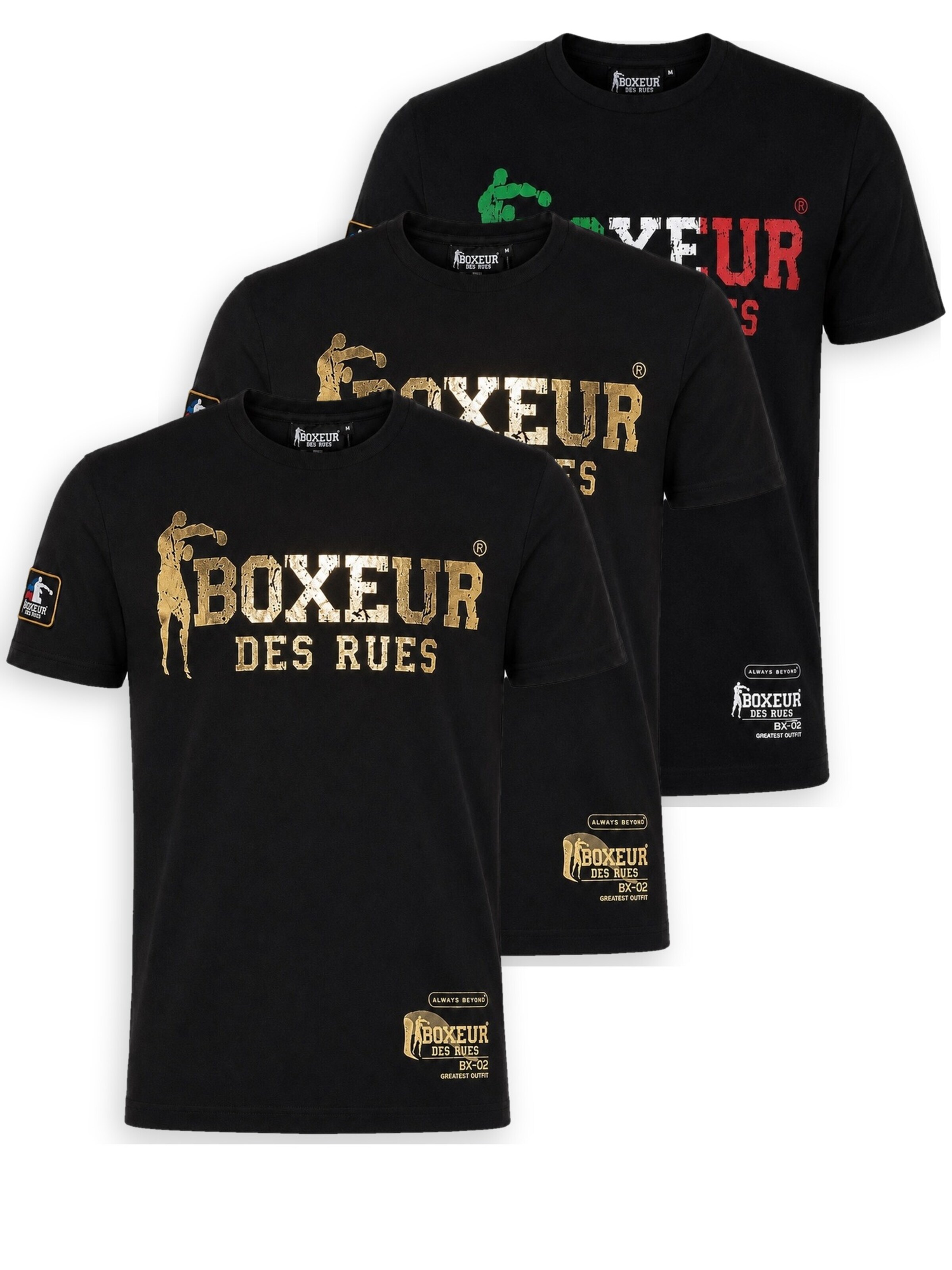 Boxeur des Rues Shirt 'Herren T-Shirt 3er-Pack Boxeur des Rues Slim Fit: Schwarz, Dreifarbiges Logo + 2 x Schwarz, Goldenes Logo' in Black: front