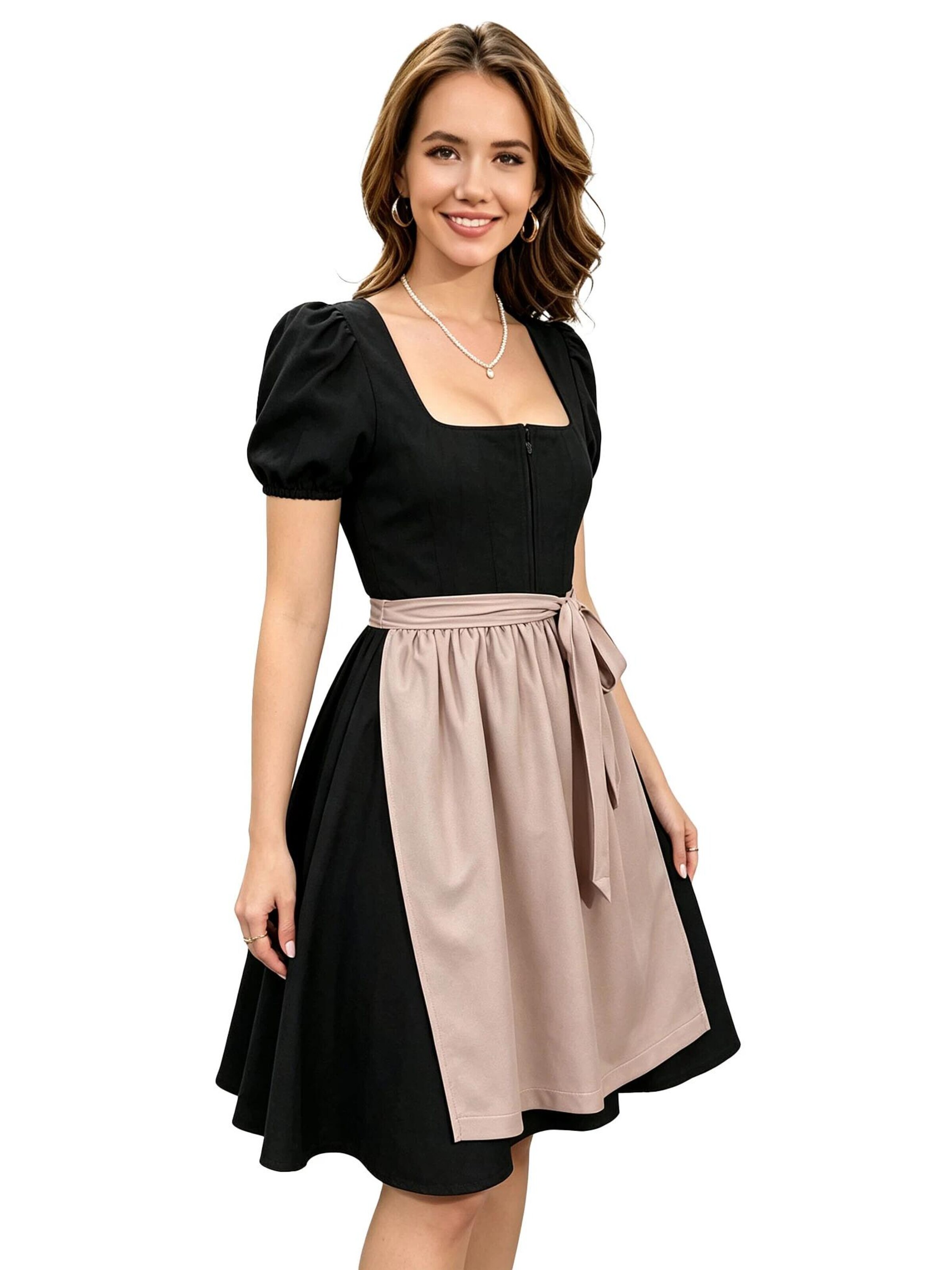 KoJooin Dirndl 'Damen Zweiteiliges Oktoberfest-Set Kunstleder-Optik Kleid mit verstellbarer Schürze Dirndl-Kleid' w kolorze czarny