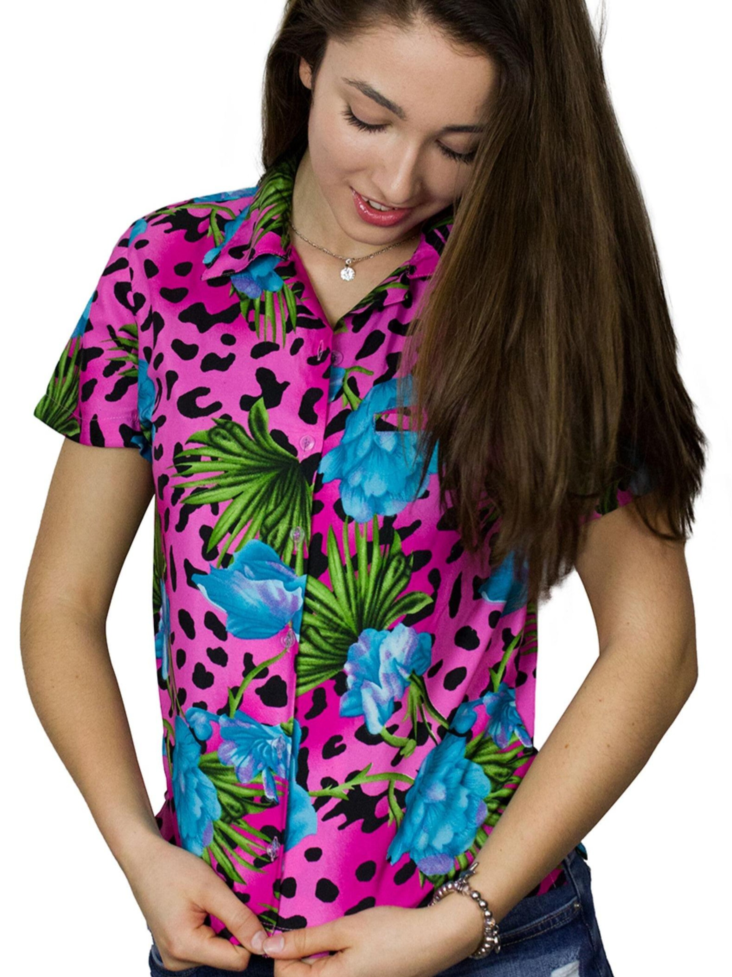 King Kameha Blouse 'Leopard Flowers' in Pink: front