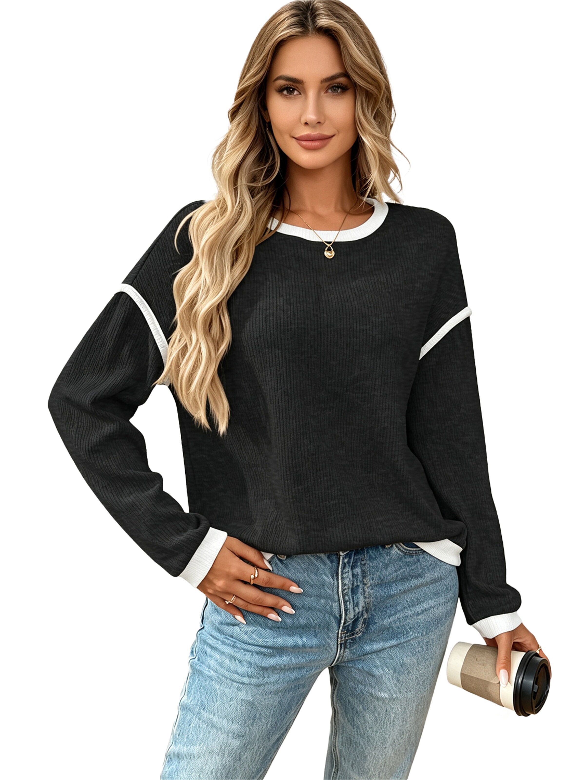 KoJooin Sweater 'Damen Rundhals Pullover mit Farbblock-Design Lässig Geschnittenes Langarmshirt für Alltag' in S in Black, Item view