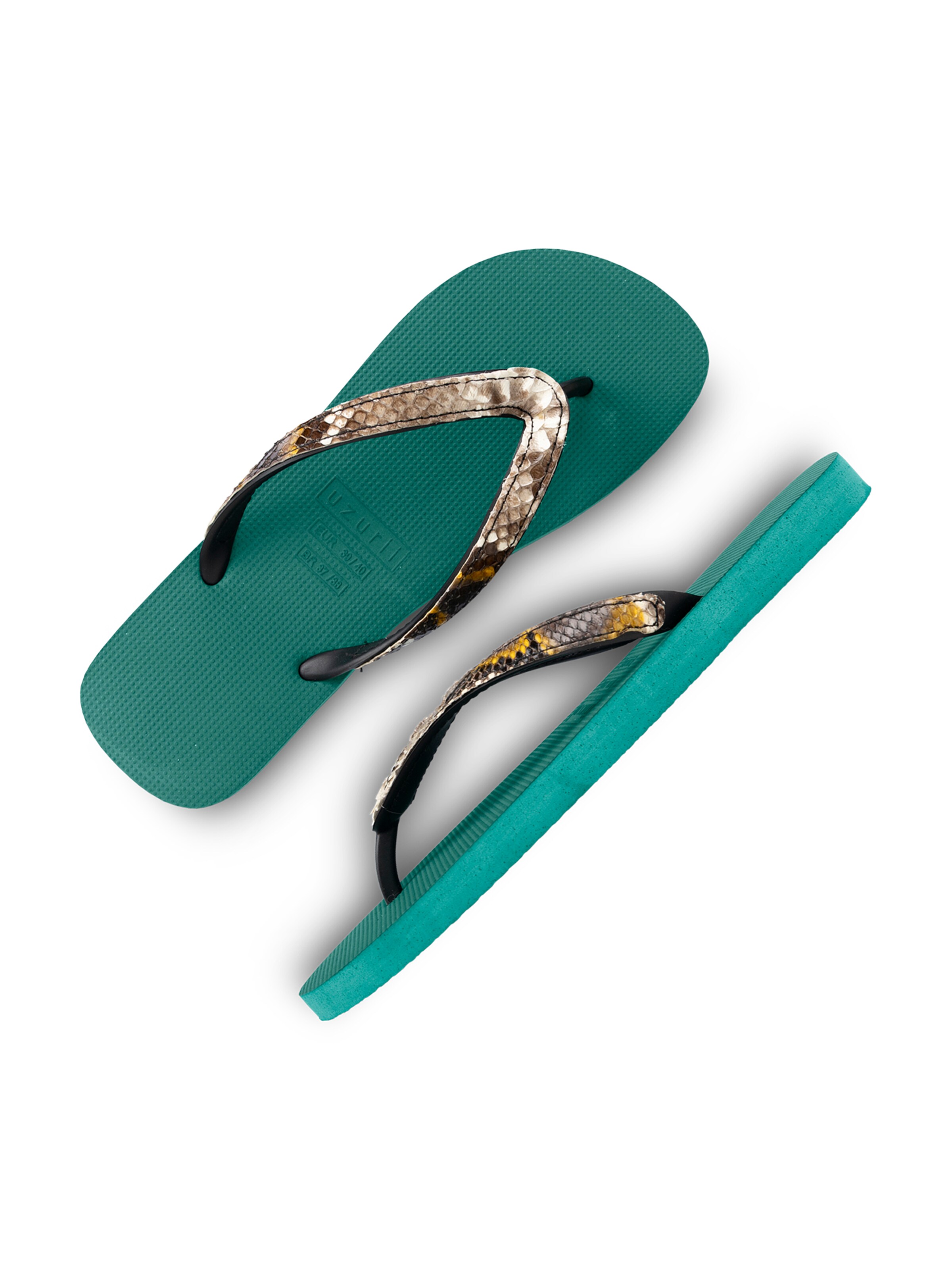 Uzurii Luxury Footwear T-Bar Sandals 'Python' in Green