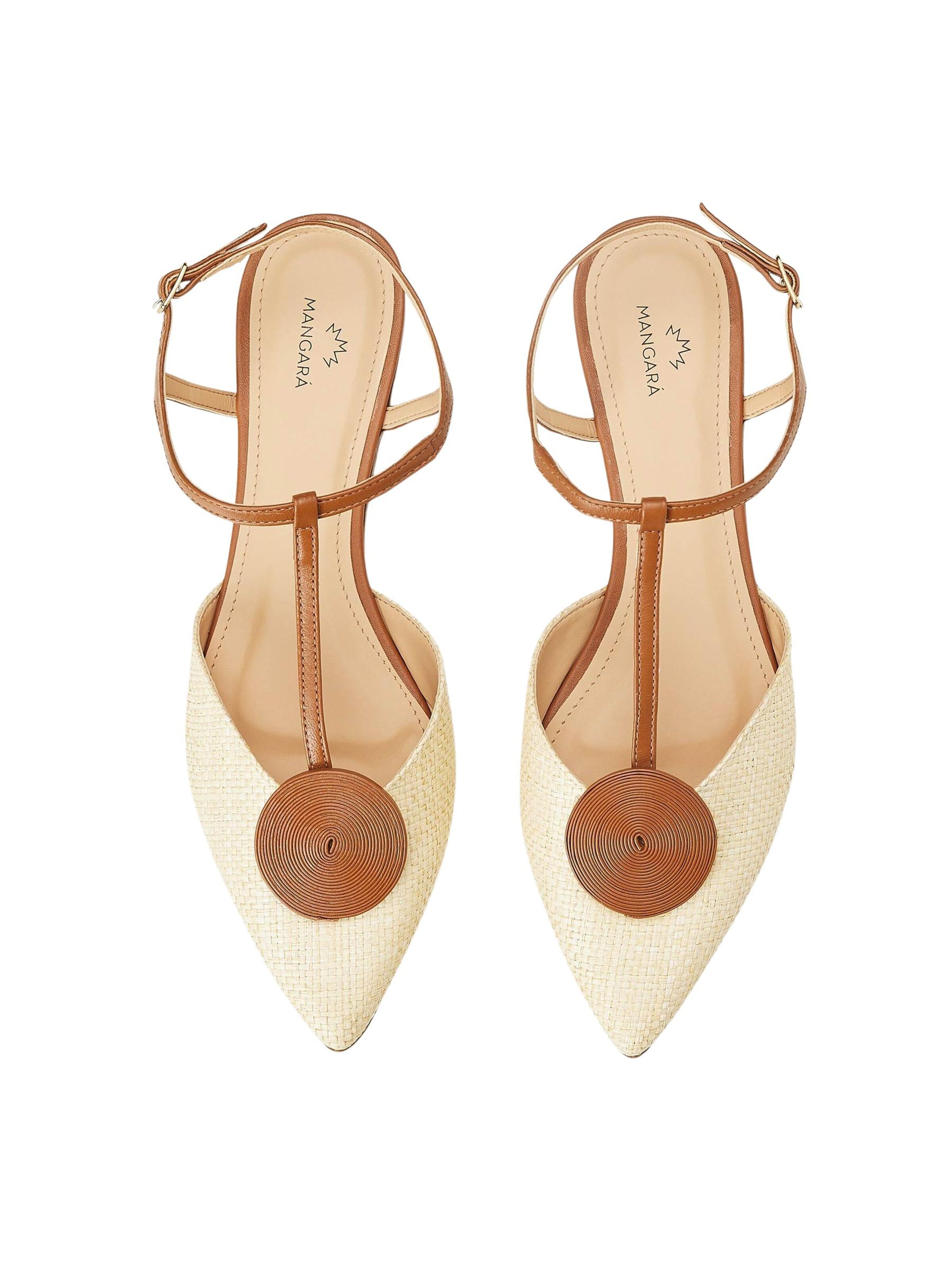 Mangara Atelier Teenslipper 'Acerola Damen T-Bar Sandalen Raffia Leder Beige Flach' in Beige