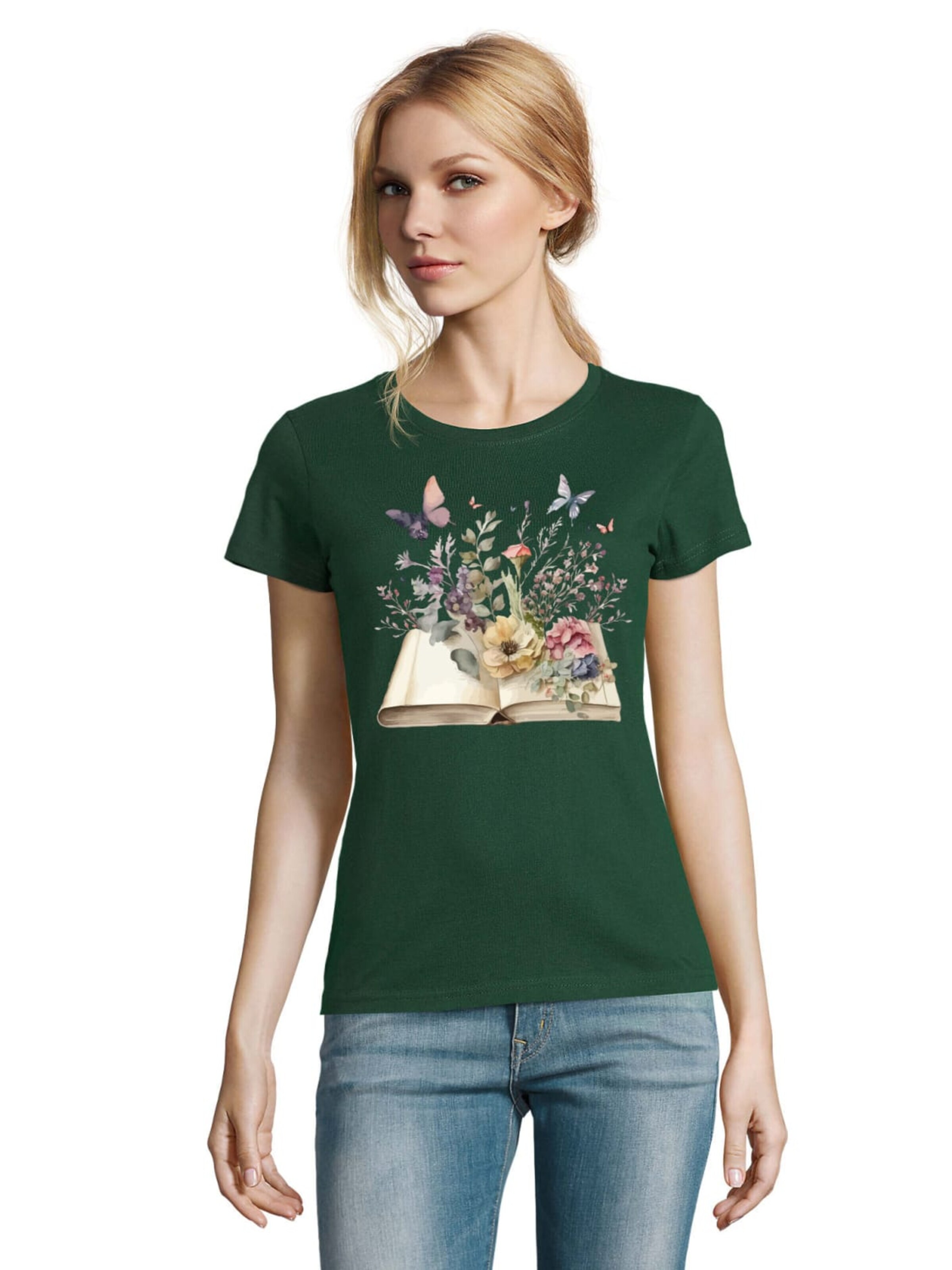 Blondie & Brownie Shirt 'openBooksFlowers' in Green: front