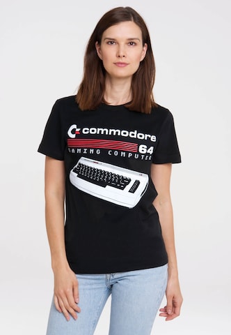 LOGOSHIRT Shirt 'Commodore - Gaming Computer' in Zwart: voorkant