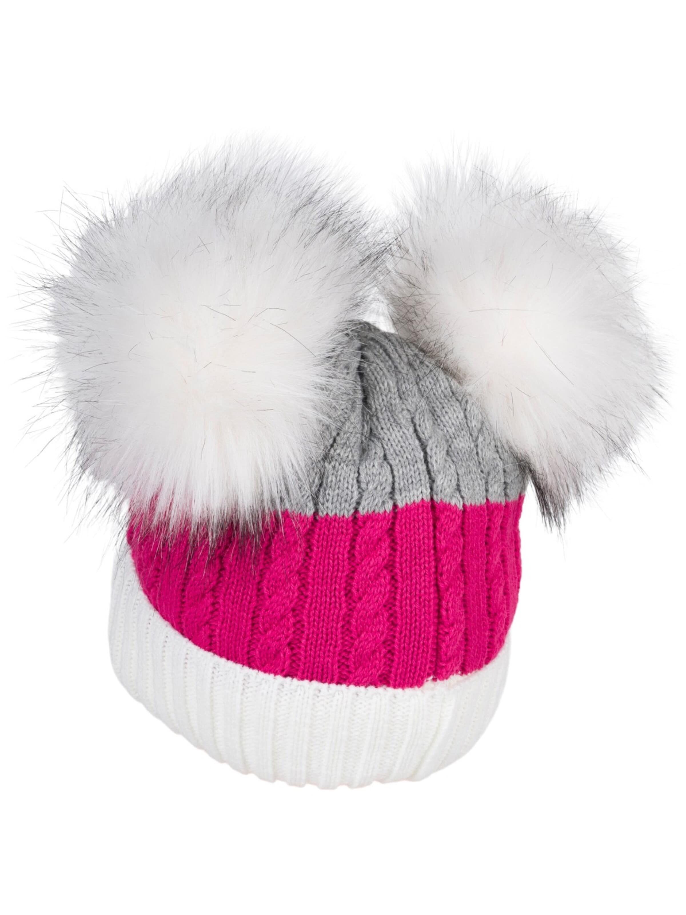 styleBREAKER Beanie 'Gestreifte Kinder Bommelmütze mit zwei Bommel' in White: front