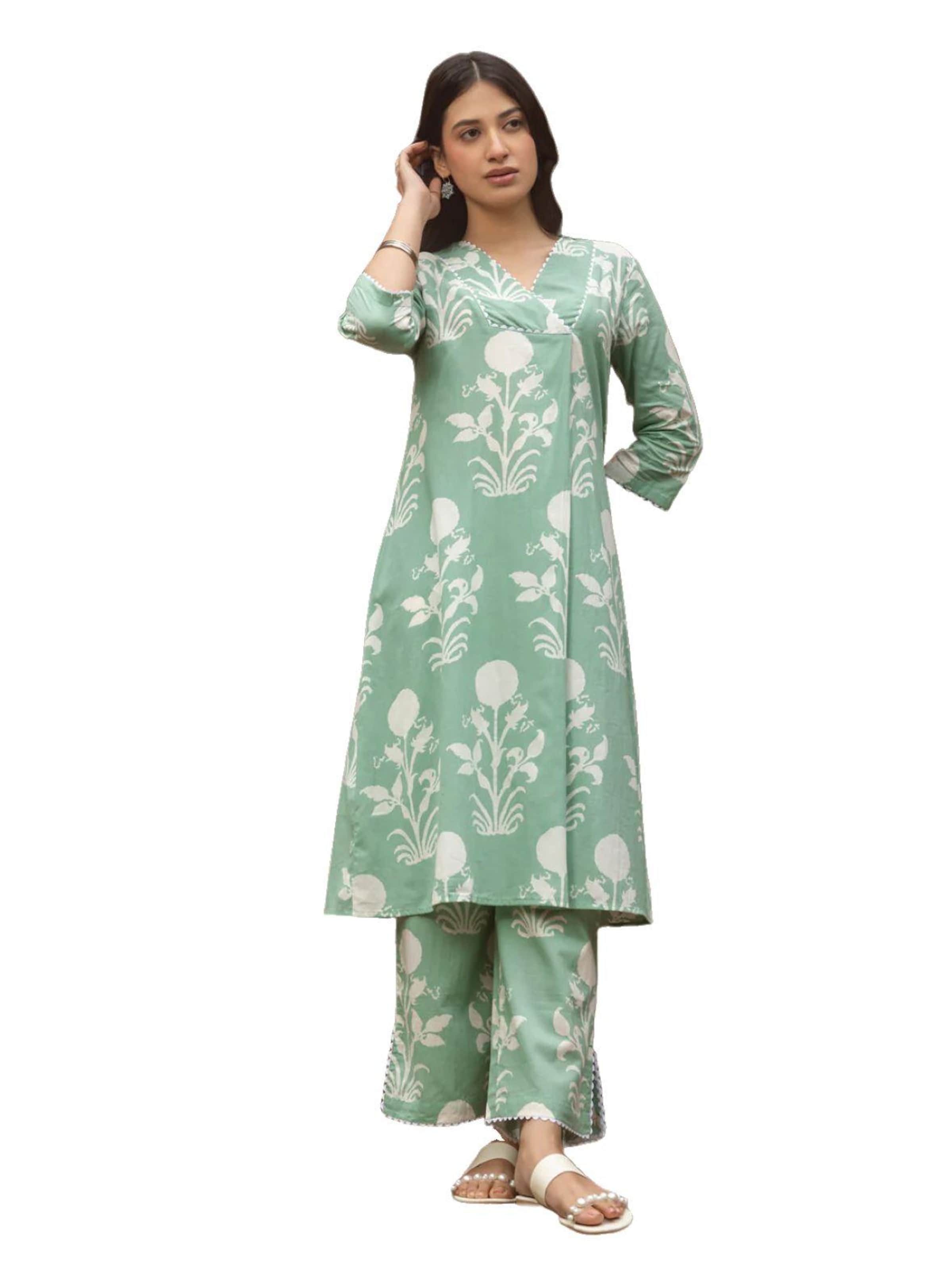 PfauGermany Tunic '2 PCS  Women's  Cotton Printed Co-ord Set' in Green: front
