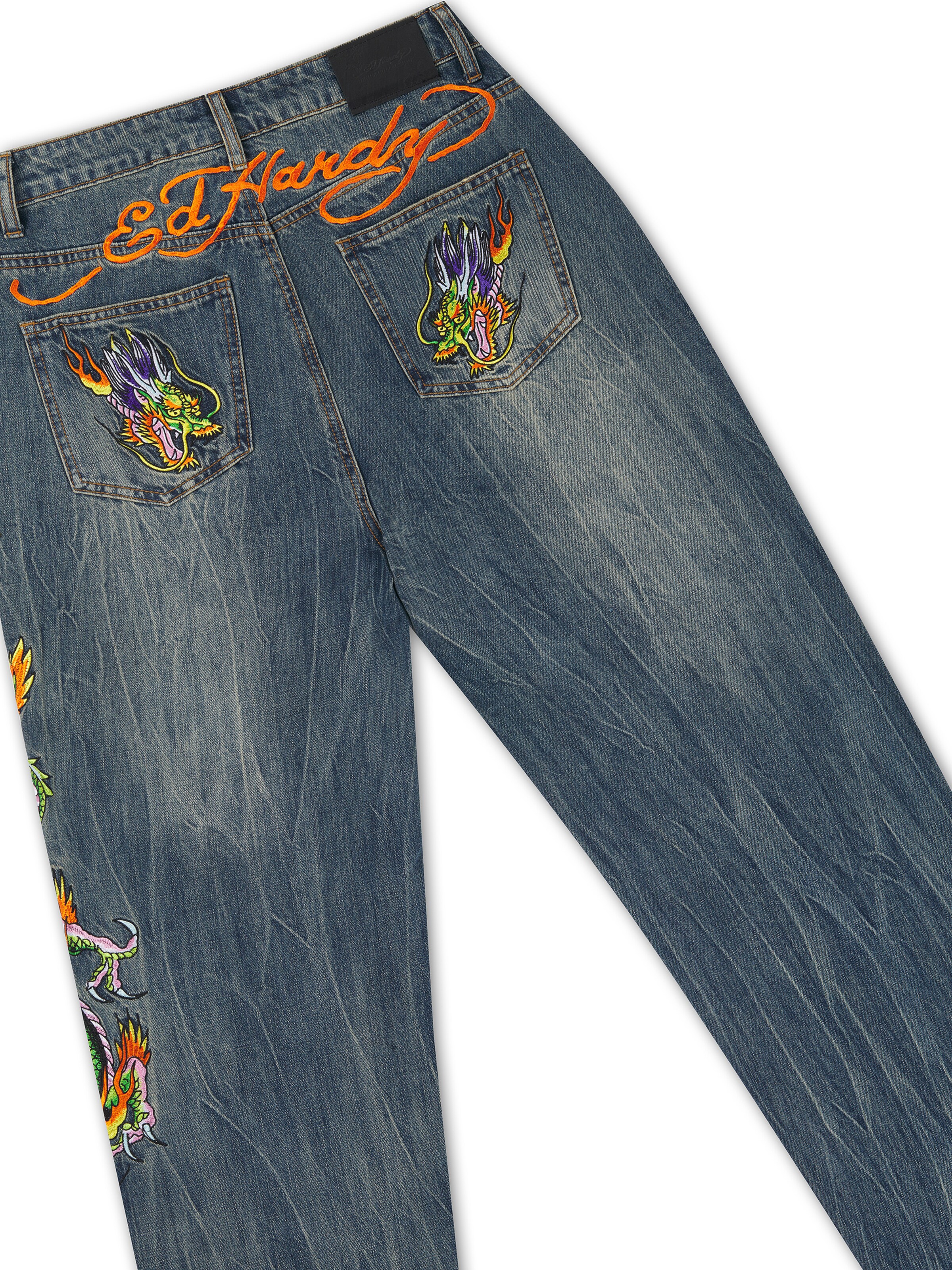 Ed Hardy - Loosefit Vaquero 'Kriechender Drache' en azul