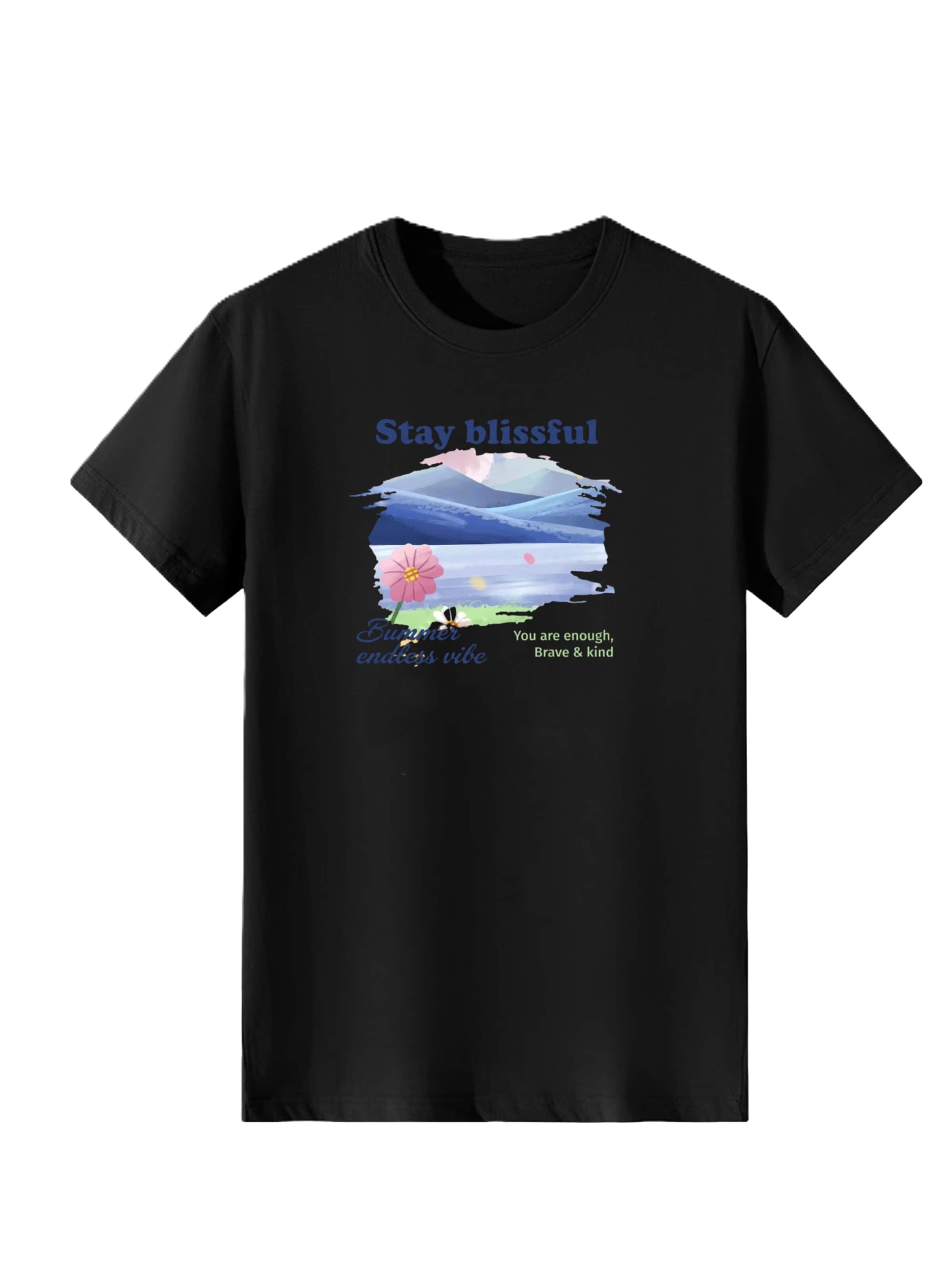 T-shirt 'Women Watercolor Mountain and Lake Floral Print T-shirt' LapaPlus en noir : devant