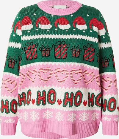 ONLY Carmakoma Pulover 'CARHOHO X-MAS' u tamno zelena / svijetloroza / vatreno crvena / bijela, Pregled proizvoda
