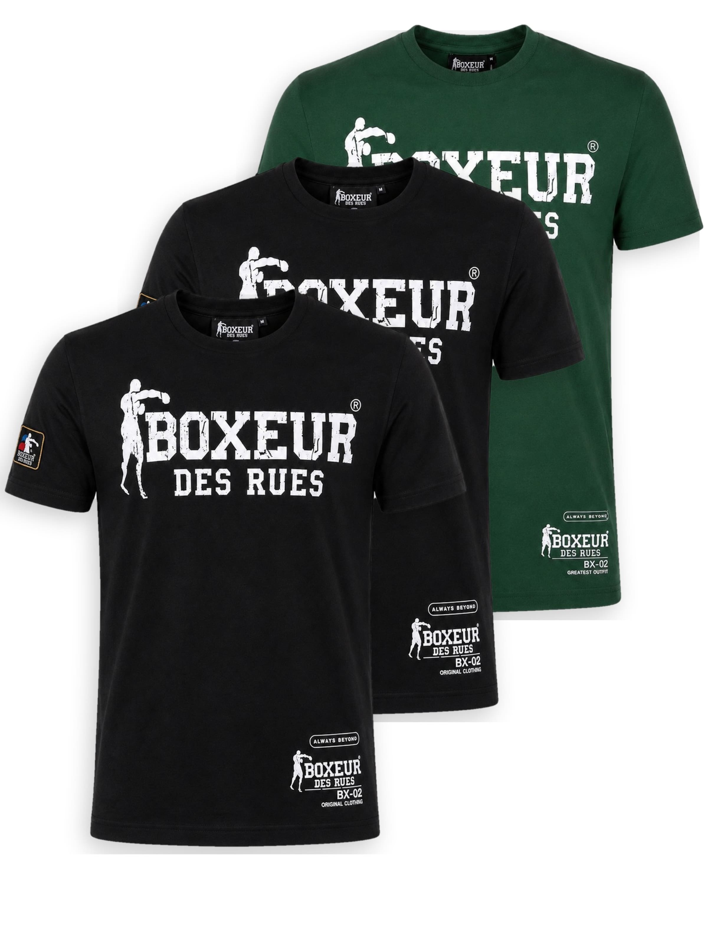 Boxeur des Rues - Camiseta 'Herren T-Shirt 3er-Pack Boxeur des Rues Slim Fit: 2 x Schwarz, Weißes Logo + Dunkelgrün, Weißes Logo' en Mezcla de colores: frente