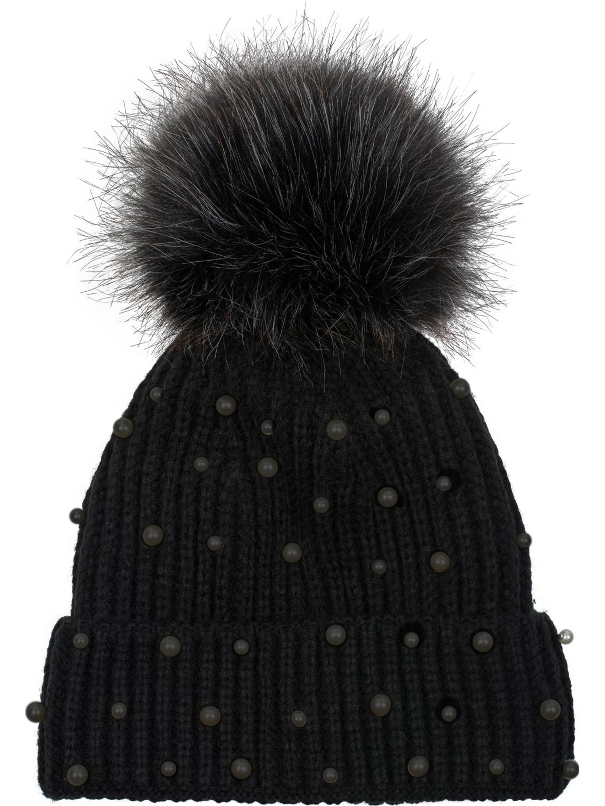 styleBREAKER Mütze 'Strick Bommelmütze mit Perlen und Fleece Futter'‌‌‌ in Schwarz: Vorderseite