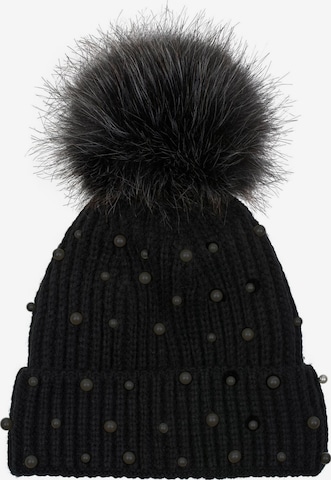 styleBREAKER Mütze 'Strick Bommelmütze mit Perlen und Fleece Futter' in Schwarz: Vorderseite