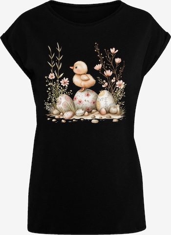F4NT4STIC Shirt 'Ostern Küken Ei Blumen' in Zwart: voorkant
