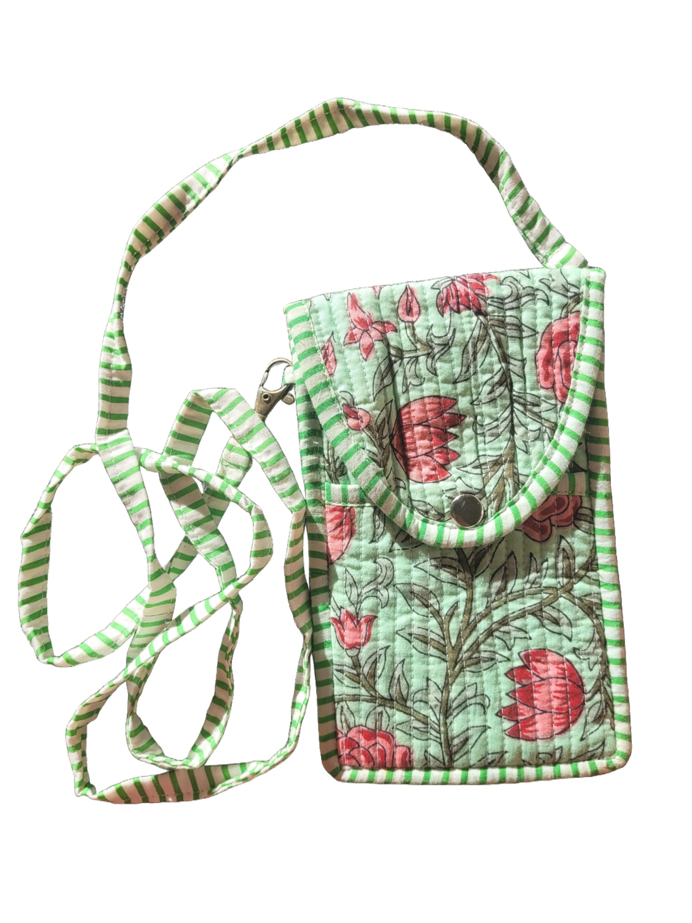 PfauGermany Crossbody Bag 'Vintage Cotton Quilted  Mobile Sling Bag .Length:19cm Width:11cm' in Green: front