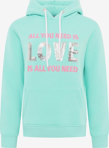 Zwillingsherz Sweatshirt 'Love is all you need' i grön: framsida