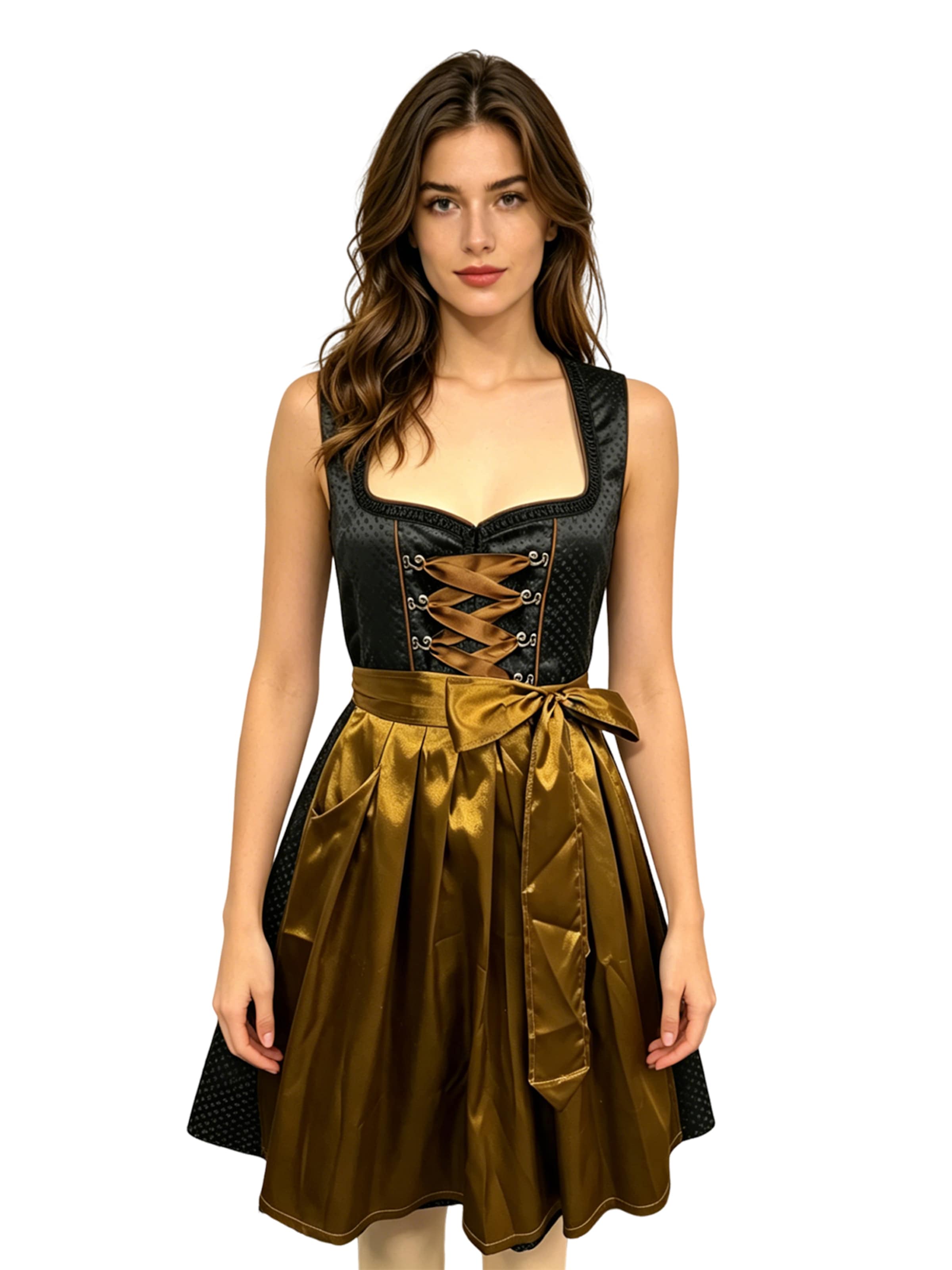 KoJooin Dirndl 'Dirndl Damen Trägerkleid Spitzenbesatz Schnürung Schürze Gürtel Midikleid' in Gold: front