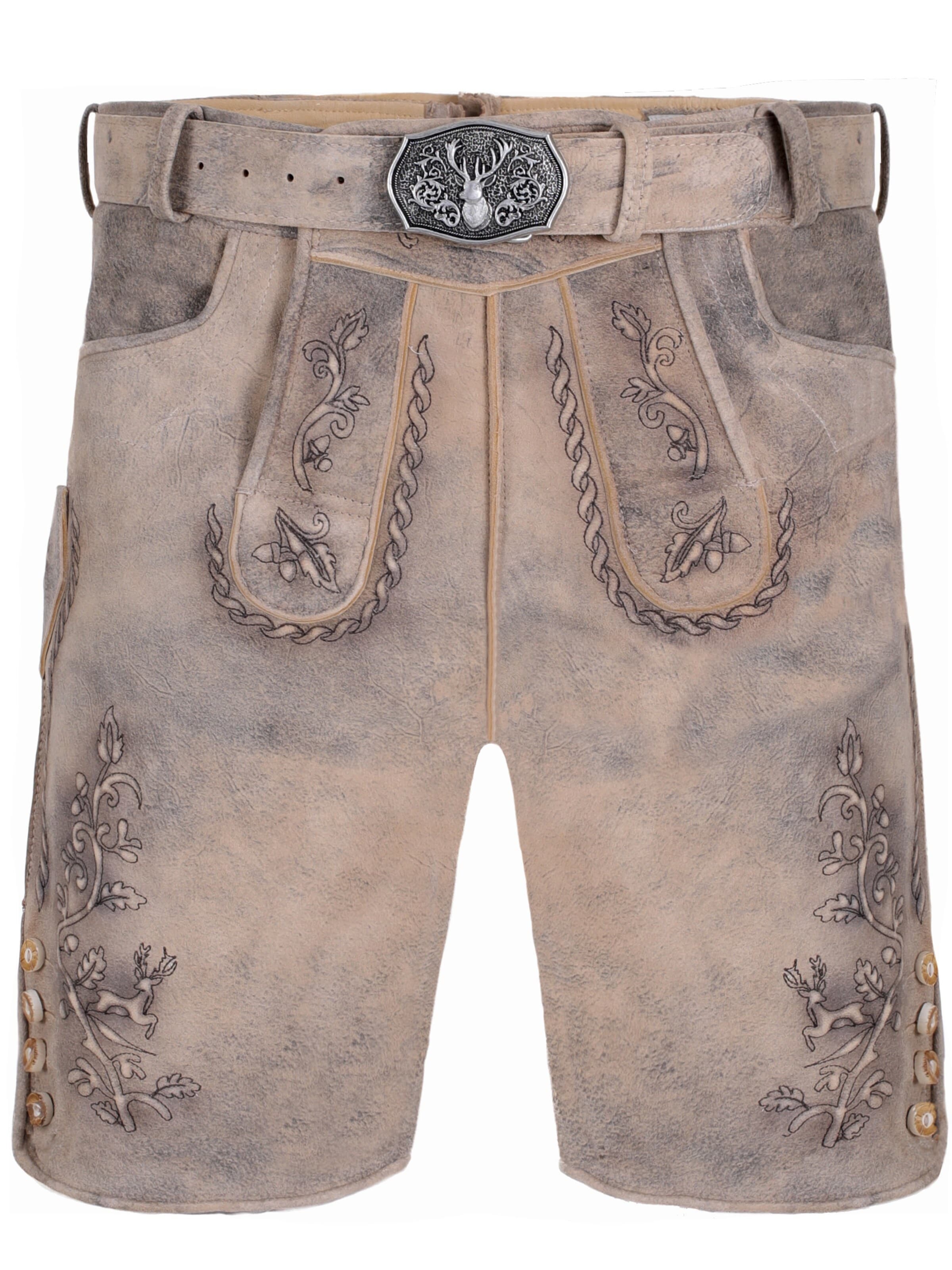 Fuchs Trachtenmoden Skinny Trachtenhose 'Trachten Lederhose kurz Graubraun'‌‌‌ in Braun: Vorderseite