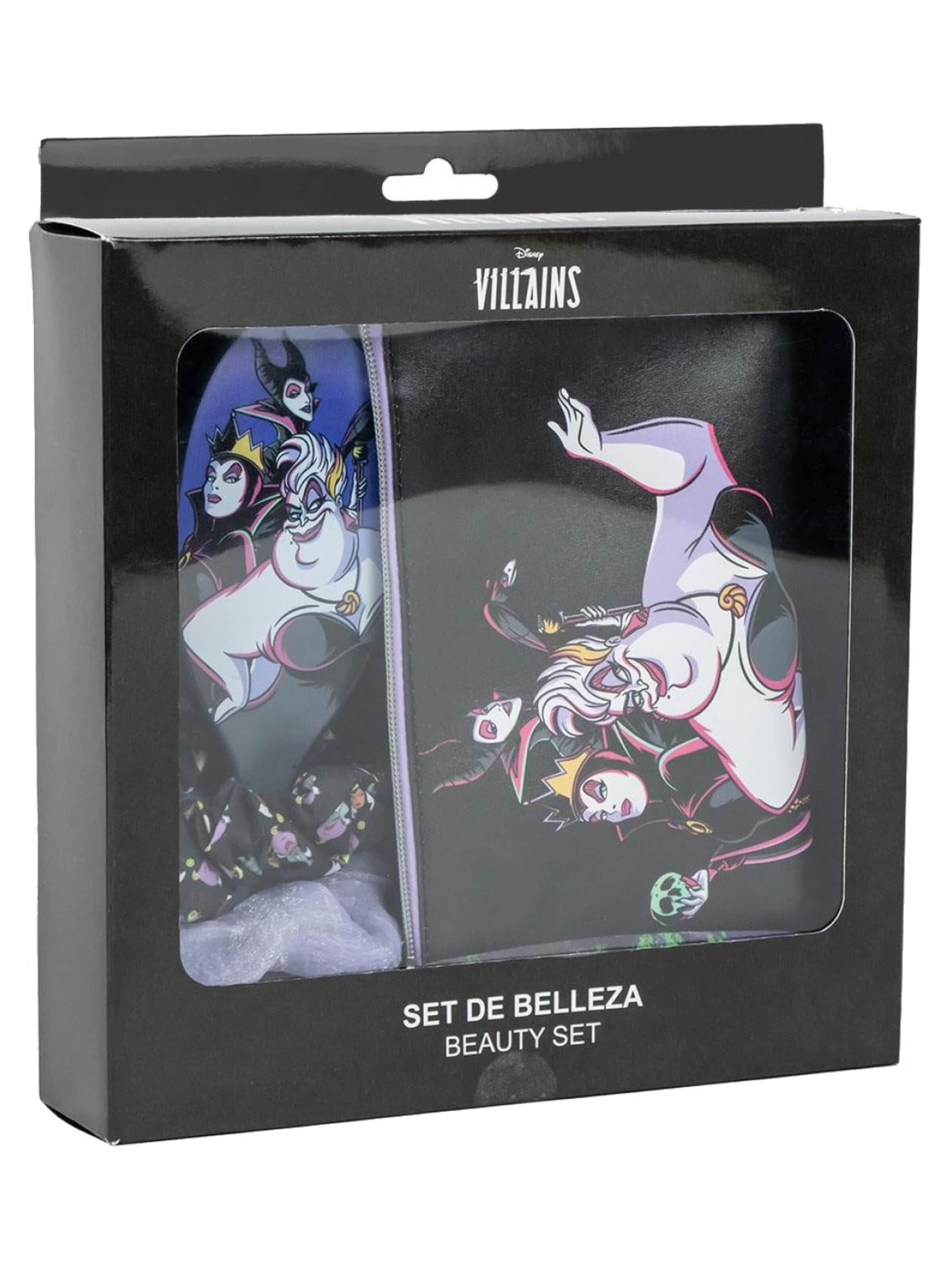 DISNEY Set 'Disney Villains Beauty Set Haarborstel Haar Scrunshies Toilettas' in Zwart: voorkant