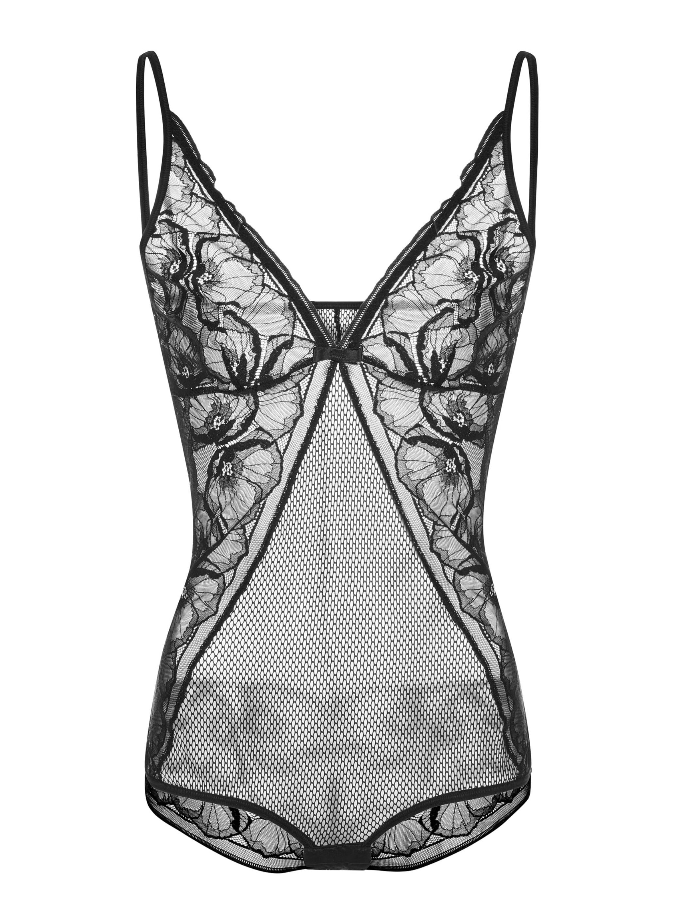 Evoni Bodysuit 'aus Netzstoff mit Spitze und Spaghettiträgern' in Black: front
