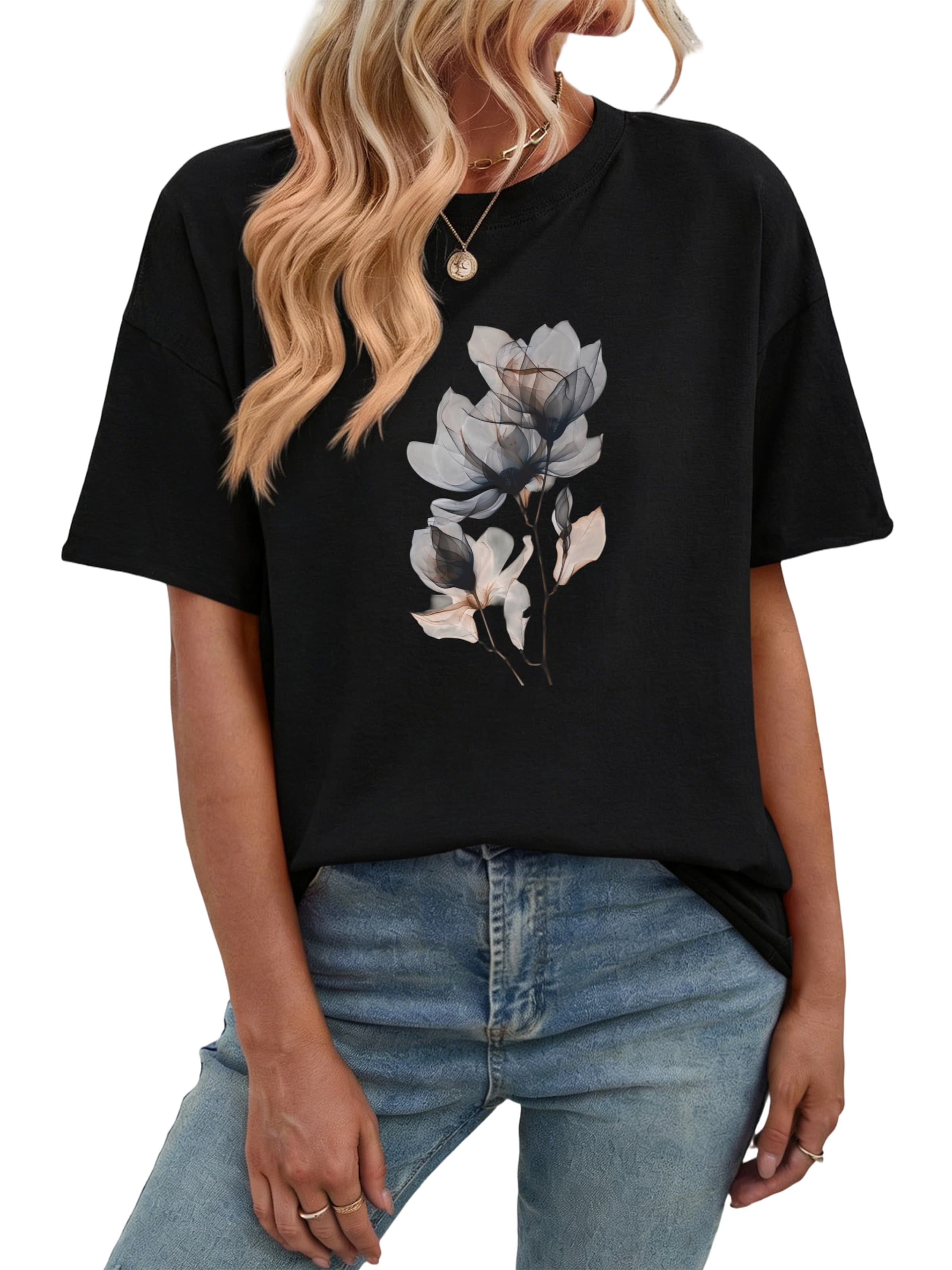 GORHEY Shirt 'Women's Summer Short-Sleeve Shirt with Flowers Print Tees' in Black: front