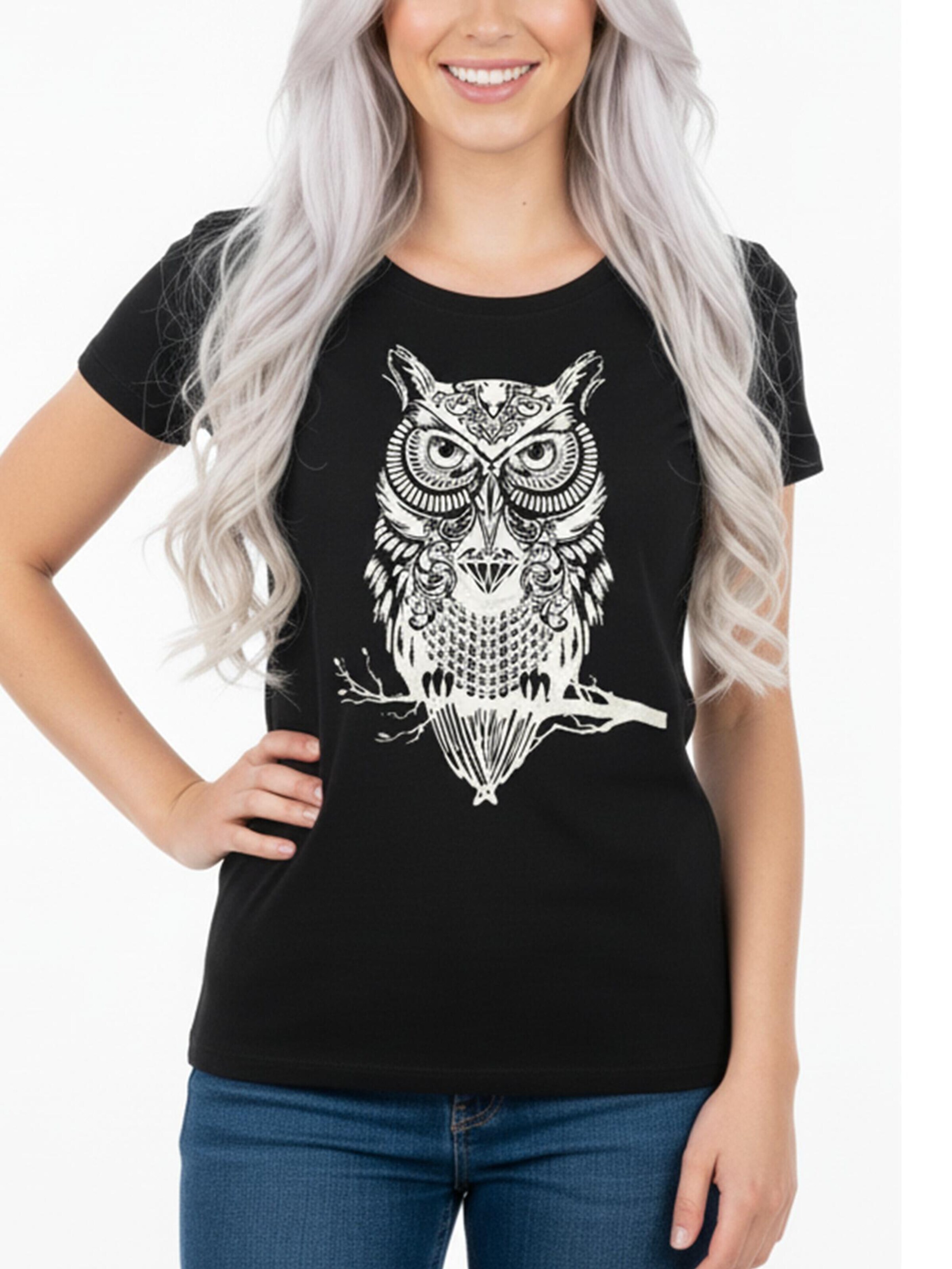 MAKAYA Shirt 'Eule auf Ast'‌‌‌‌‌‌‌‌‌ in Schwarz