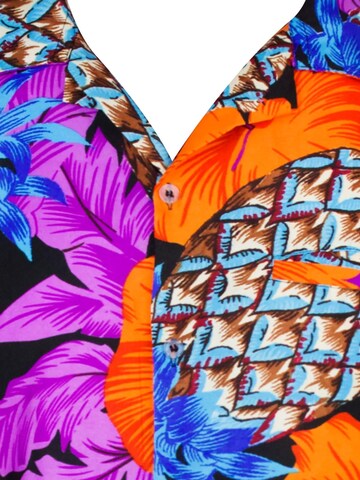 King Kameha Shirt 'Pineapple Hibiscus Black Line' in Lila