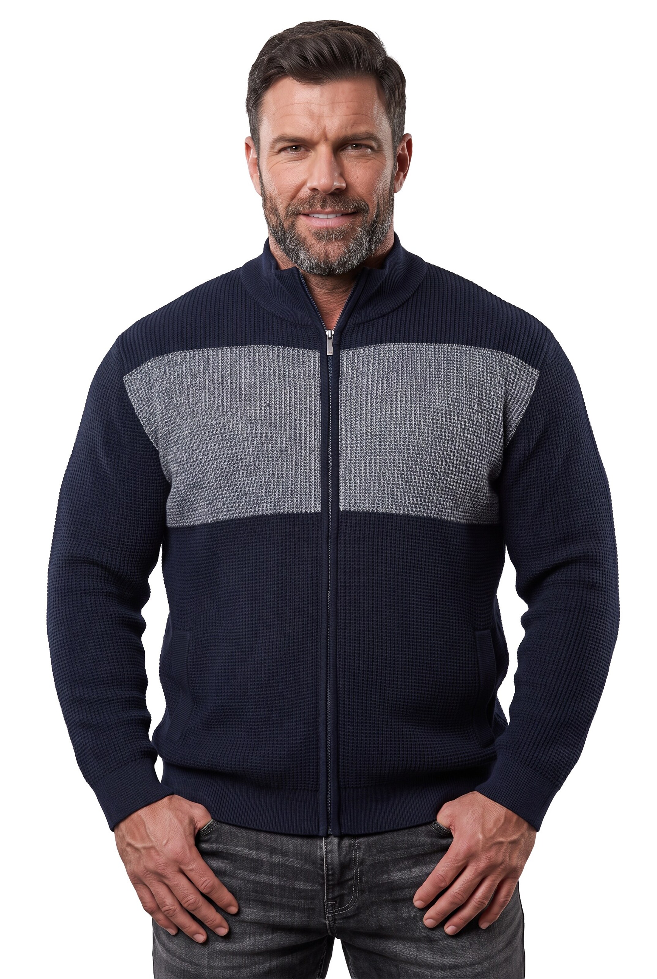 Men Plus Strickjacke in Blau: Vorderseite