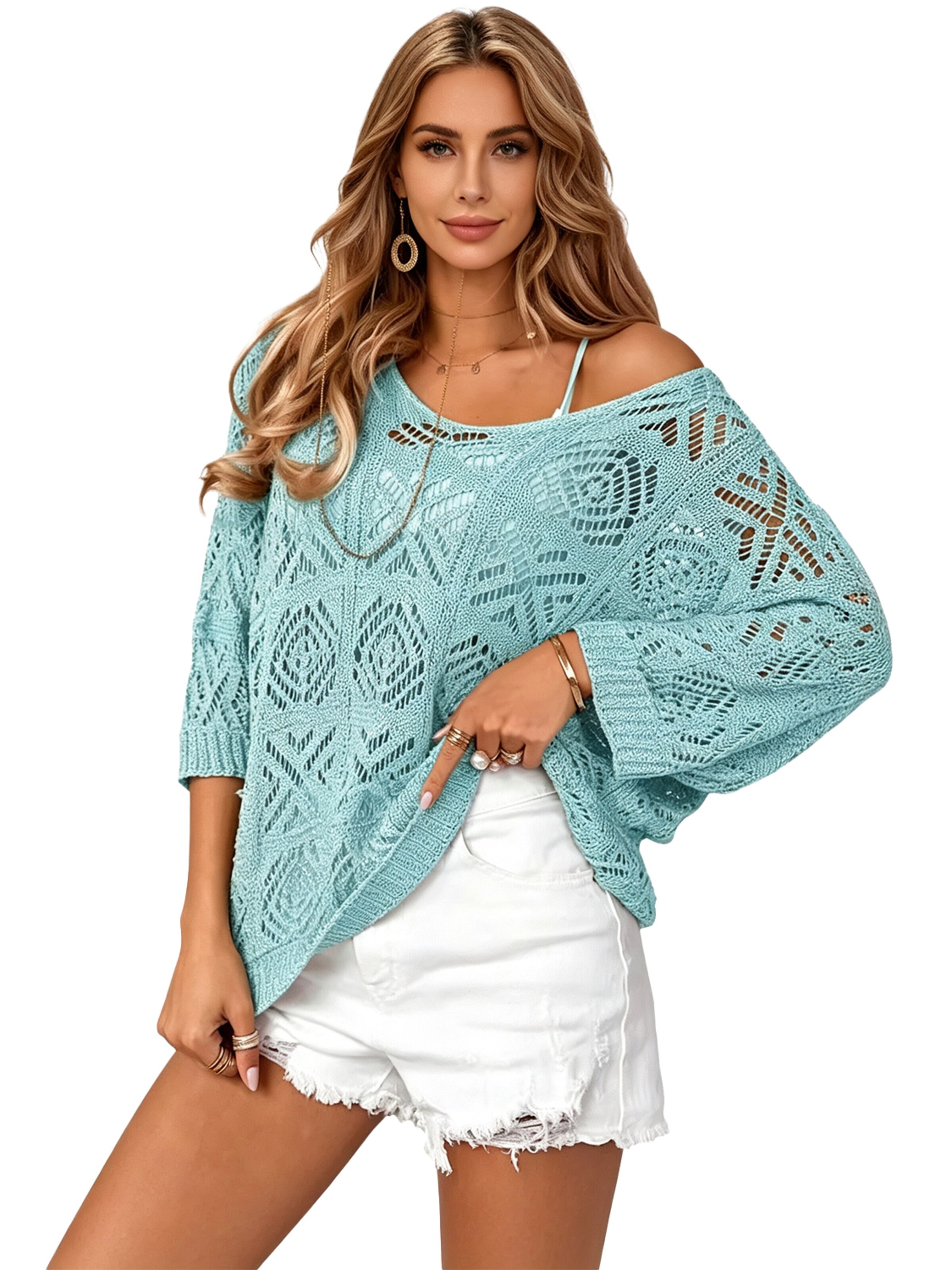 KoJooin Pullover 'Damen Häkelpullover mit V-Ausschnitt – Off-Shoulder Design, 3/4-Ärmel und Feinem Lochmuster'‌‌‌‌‌ in Blau: Vorderseite