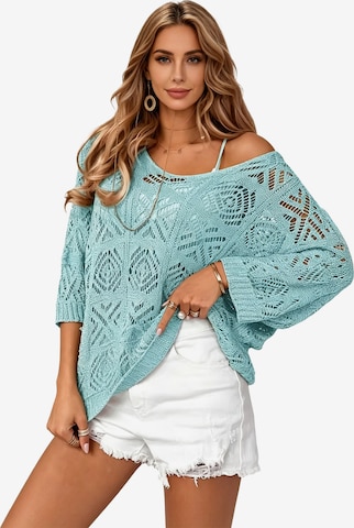 KoJooin Sweter 'Damen Häkelpullover mit V-Ausschnitt – Off-Shoulder Design, 3/4-Ärmel und Feinem Lochmuster' w kolorze niebieski: przód