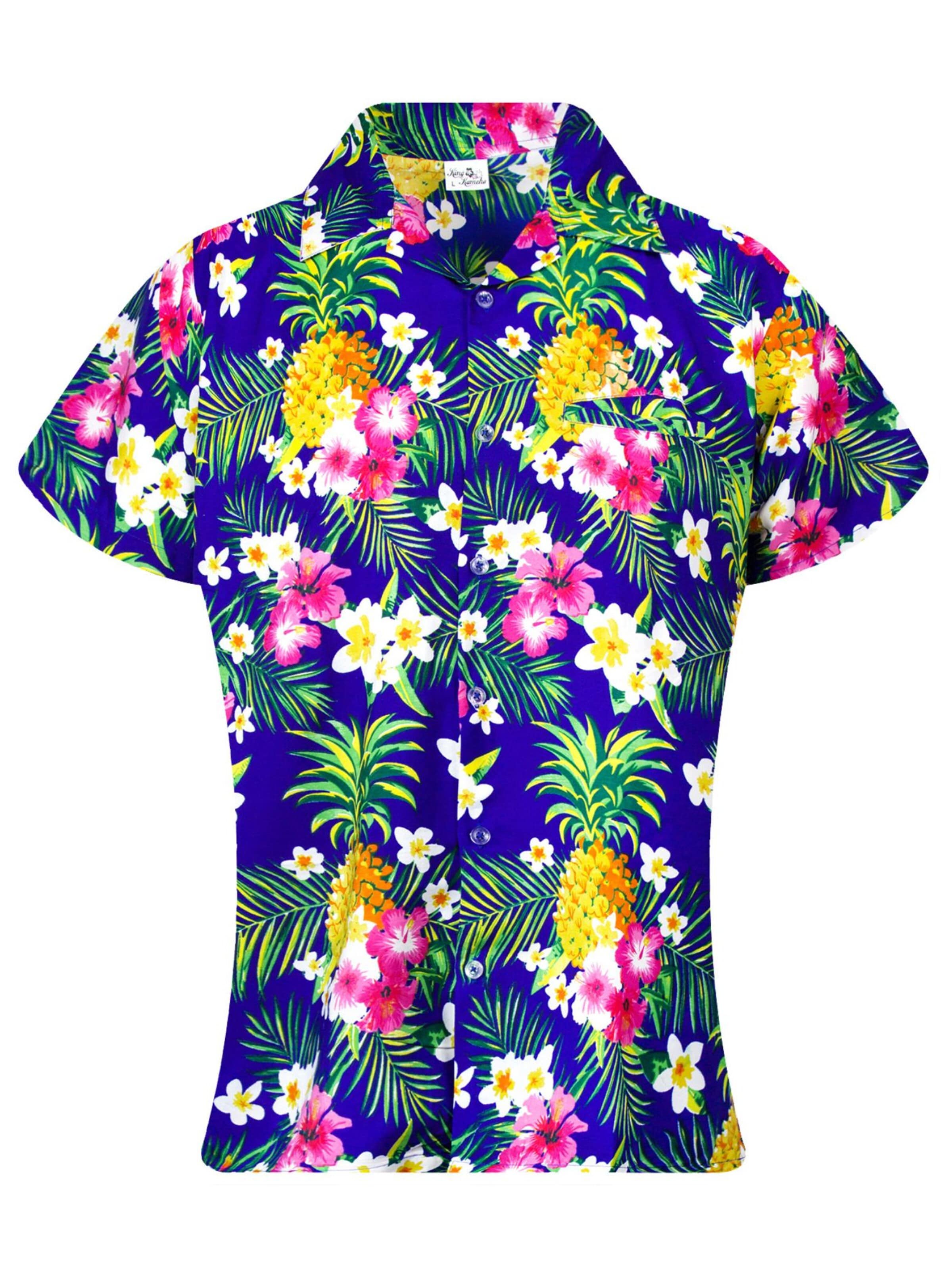King Kameha Blouse 'Pineapple Flowers' in Blue: front