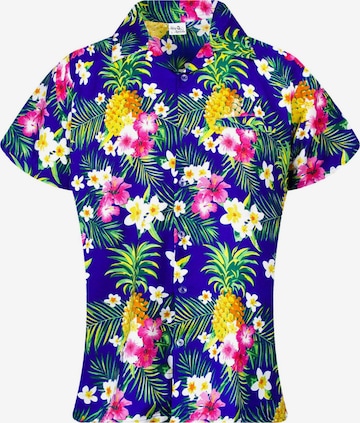 King Kameha Blouse 'Pineapple Flowers' in Blue: front