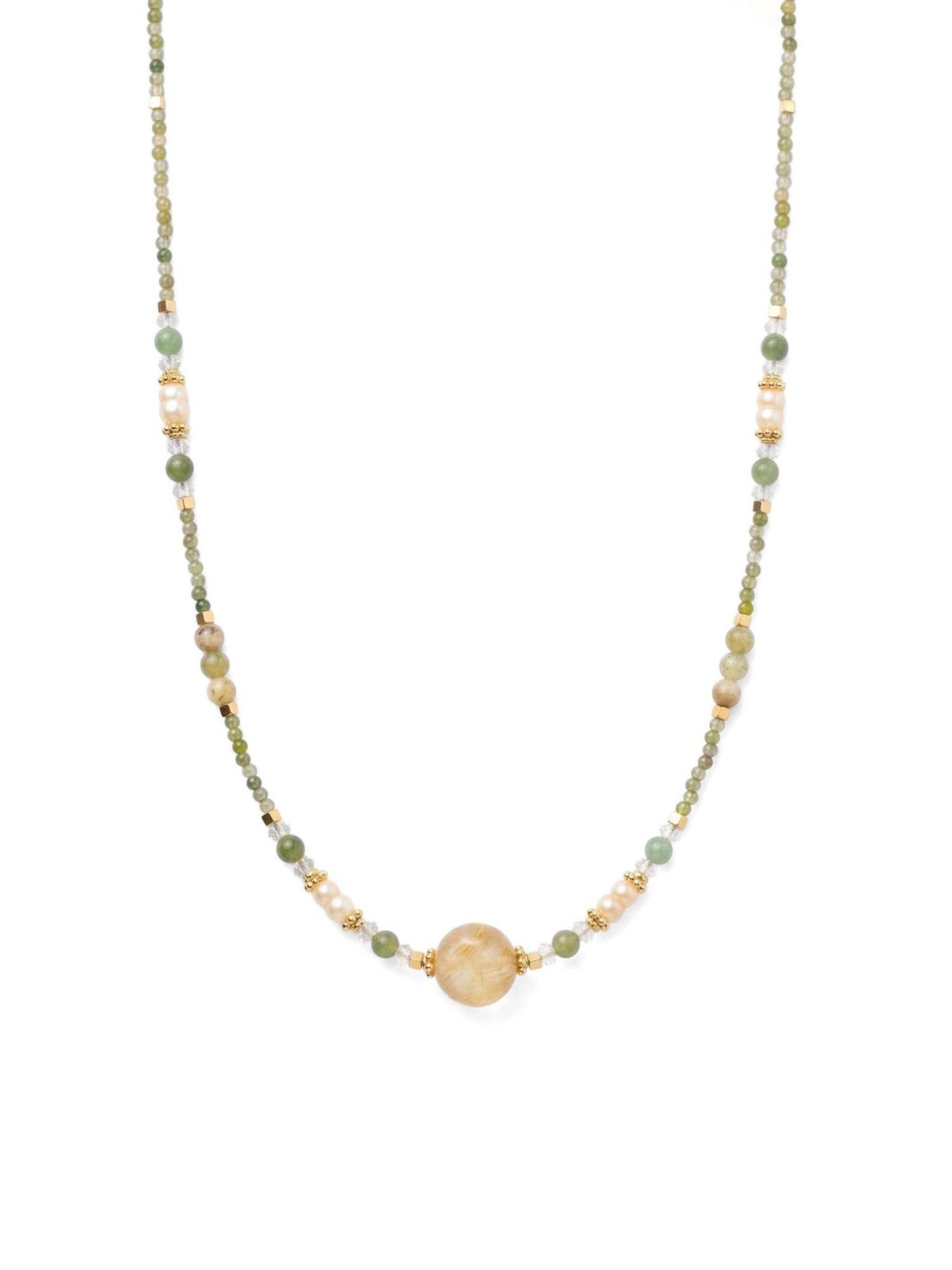 Nemomatheo Necklace 'Foresta Aurea – Jade & Süßwasserperlen Halskette mit Rutilquarz' in Green
