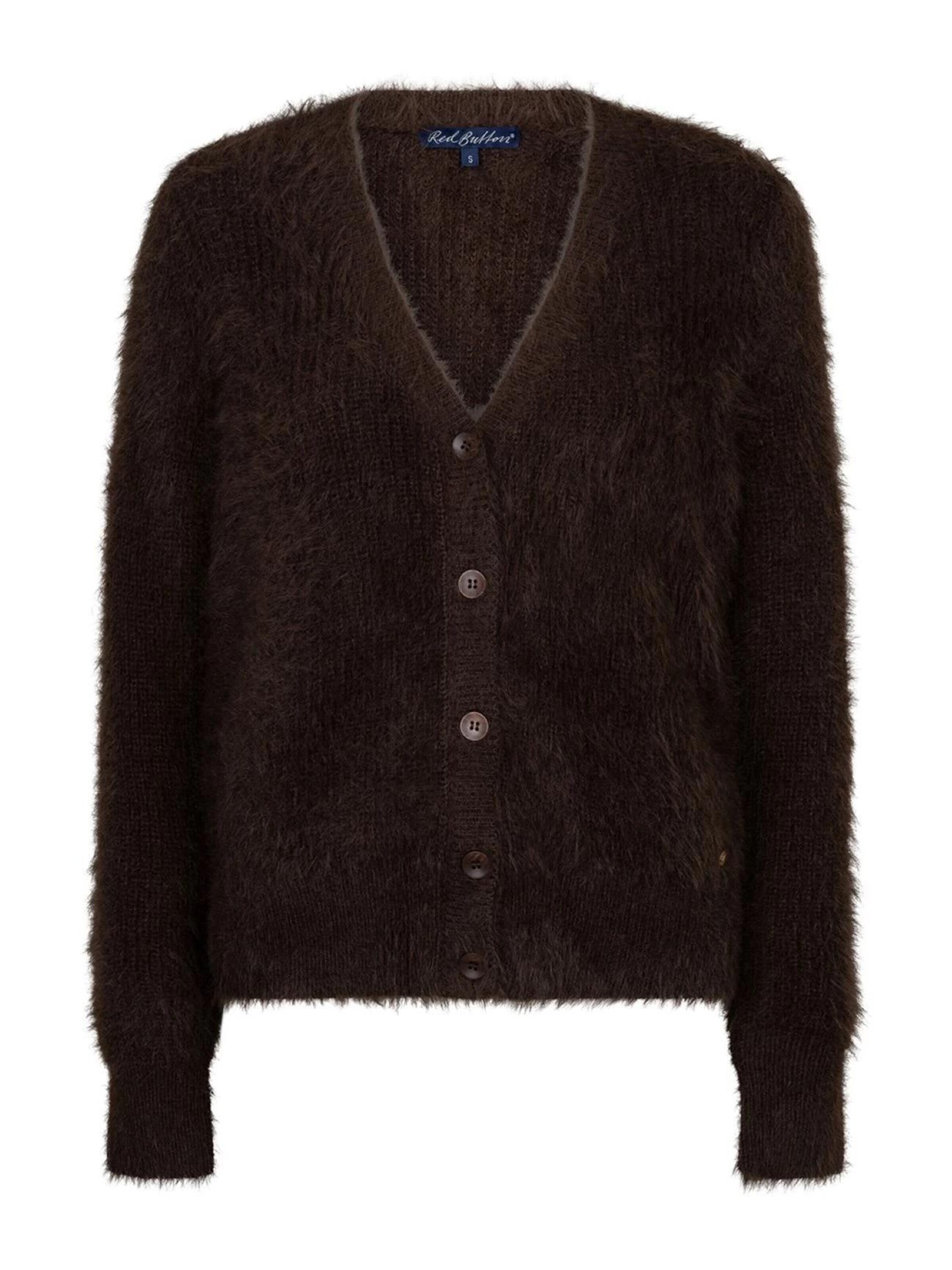 Red Button Gebreid vest 'RB Fuzzy cardigan espresso' in Bruin: voorkant