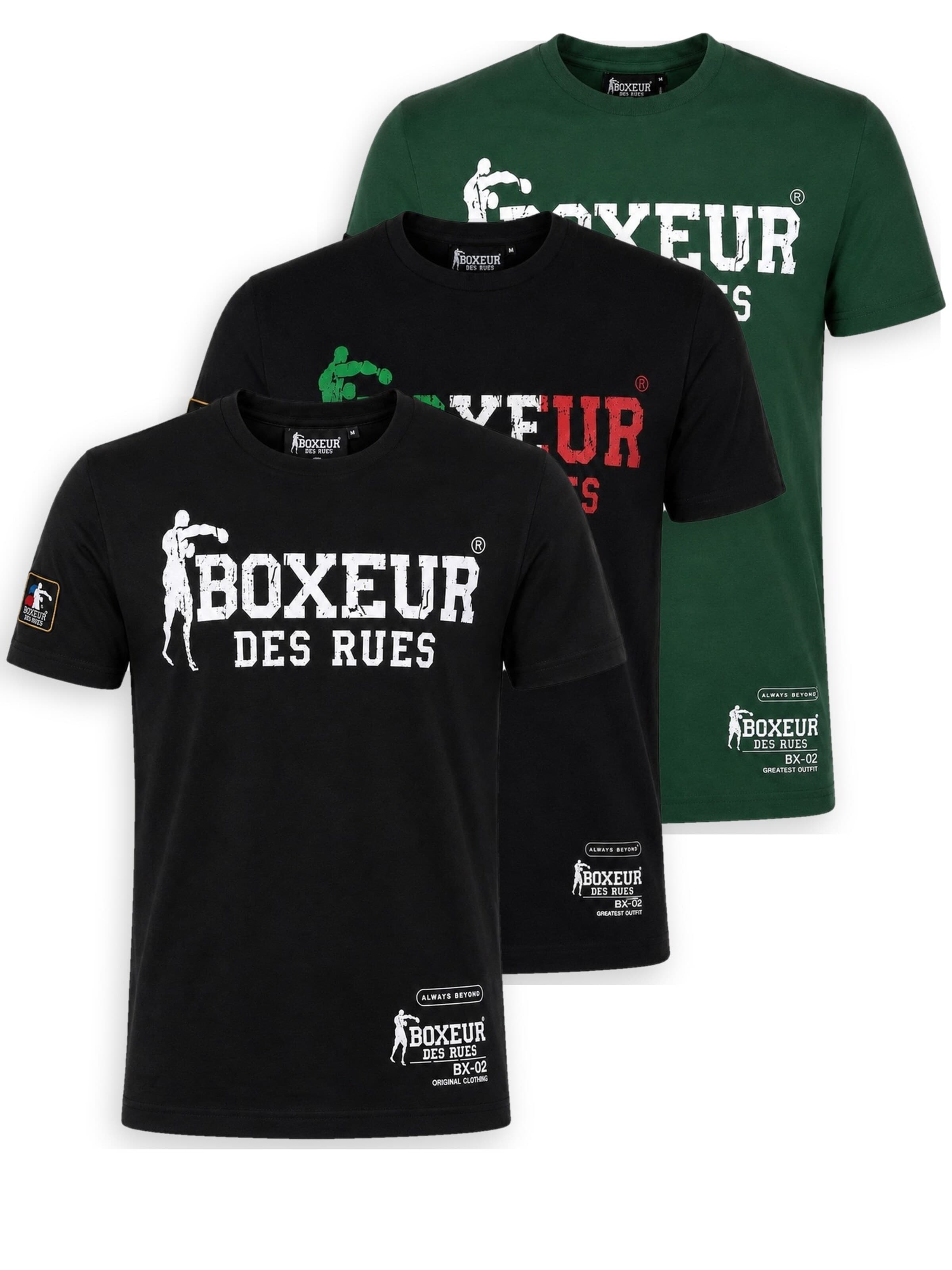 Boxeur des Rues Shirt 'Herren T-Shirt 3er-Pack Boxeur des Rues Slim Fit: Schwarz, Weißes Logo + Schwarz, Dreifarbiges Logo + Dunkelgrün'‌‌ in M/Regular in mischfarben, Produktansicht