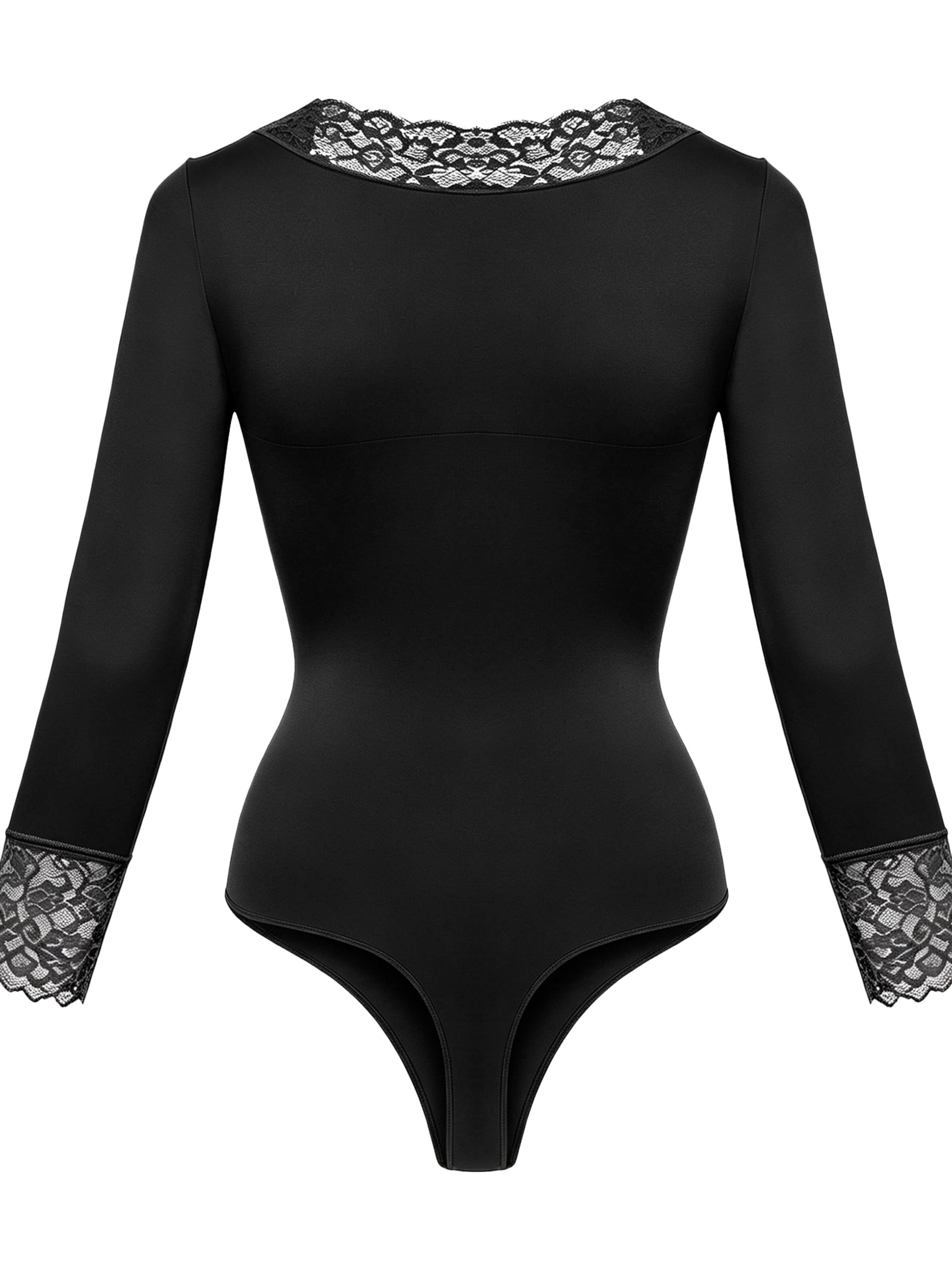 cfab - Body moldeador 'Clean Longsleeve V-Neck with Lace Sculpting Bodysuit with String' en negro