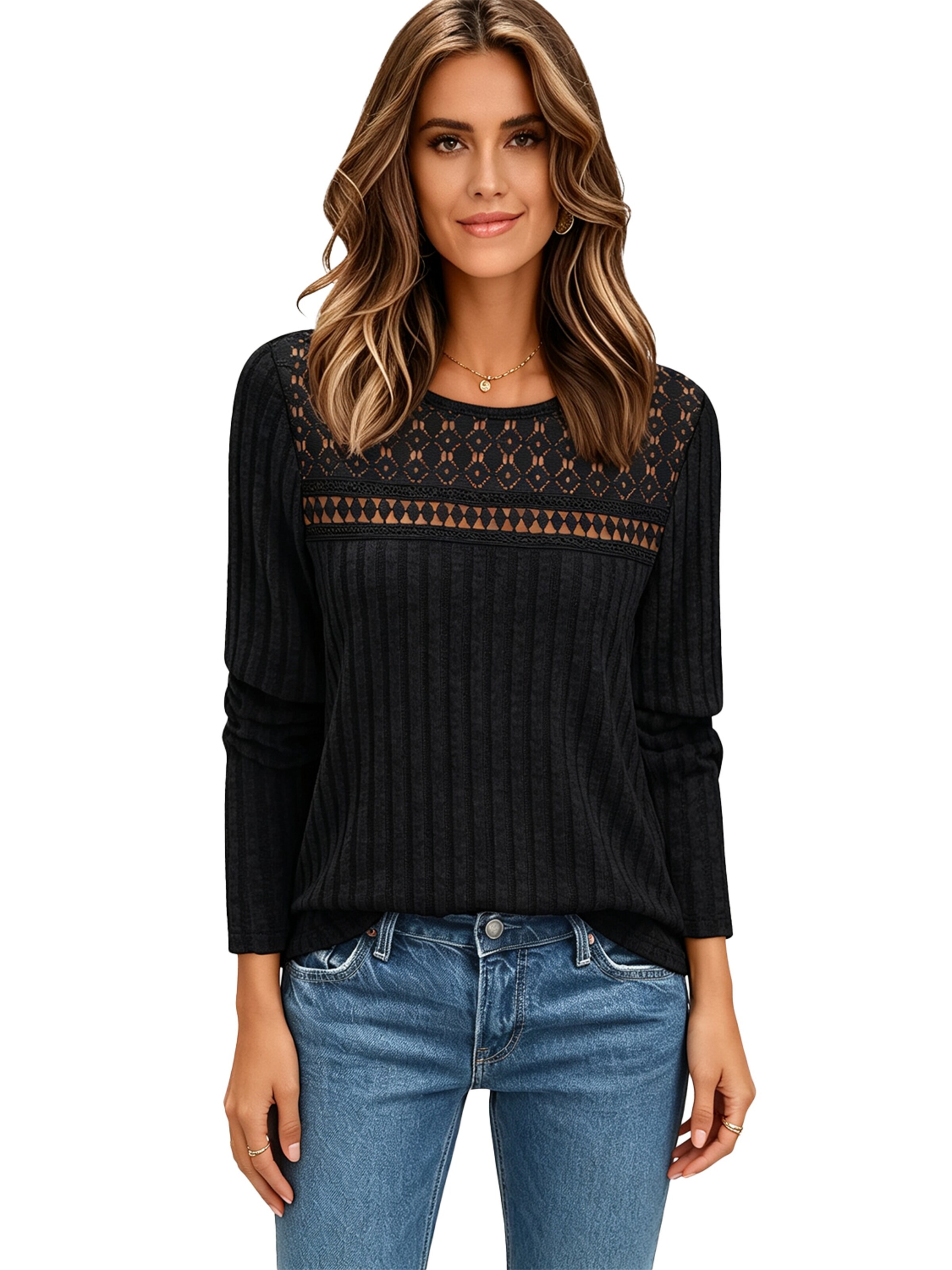 KoJooin Sweater 'Damen Langarmshirt mit Rippstruktur und Spitzeneinsätzen – Leichtes,Alltagsoberteil für Herbst' in XL in Black, Item view