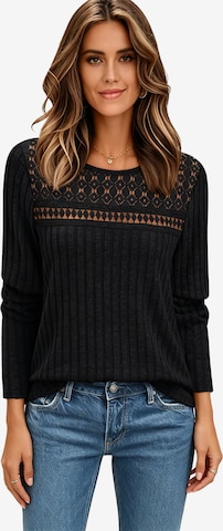 KoJooin Sweater 'Damen Langarmshirt mit Rippstruktur und Spitzeneinsätzen – Leichtes,Alltagsoberteil für Herbst' in Black: front