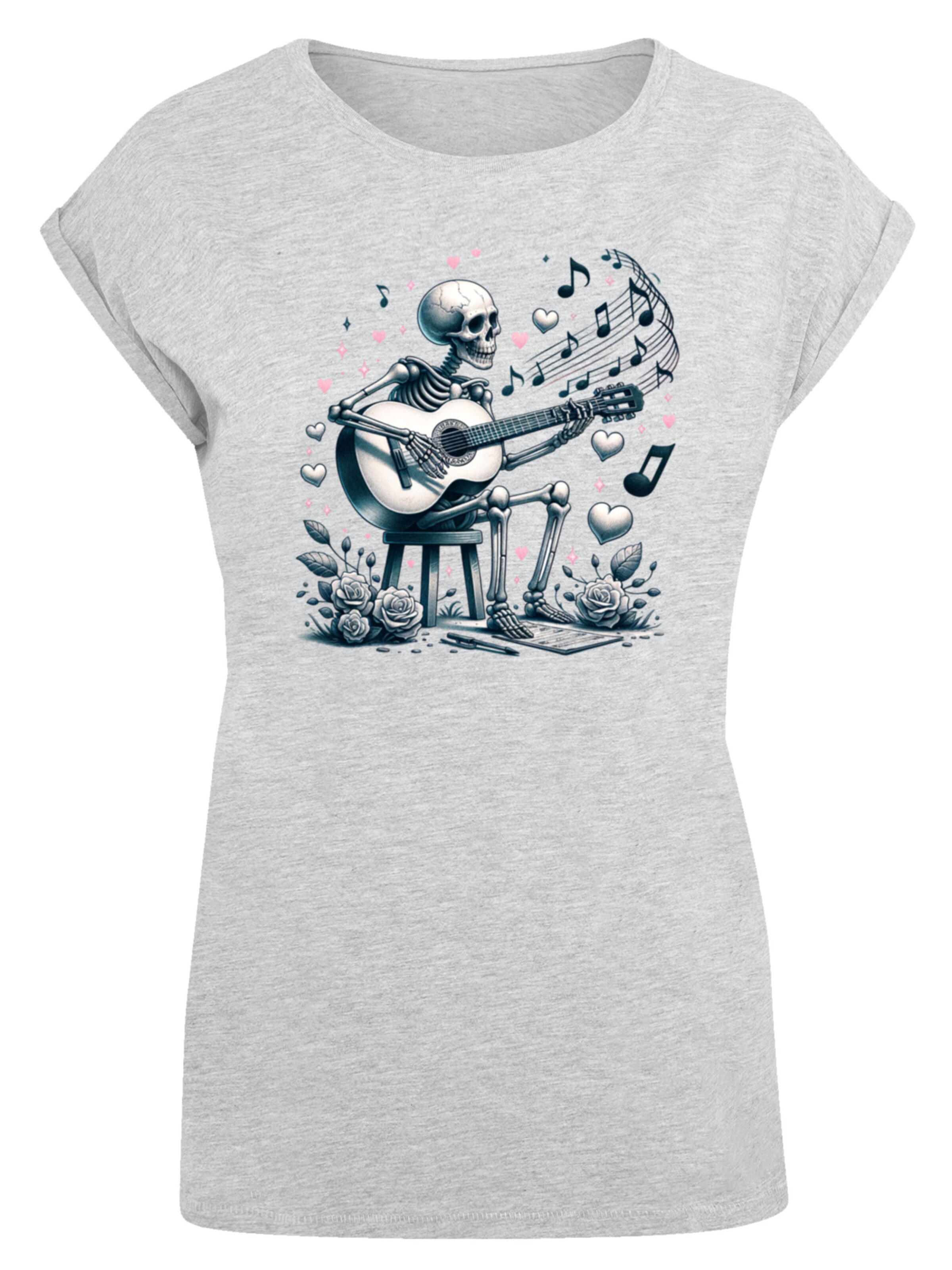 F4NT4STIC Shirt 'Skelett spielt Gitarre, Musik, Liebe' in Grijs: voorkant