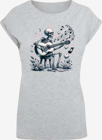 F4NT4STIC Shirt 'Skelett spielt Gitarre, Musik, Liebe' in Grijs: voorkant