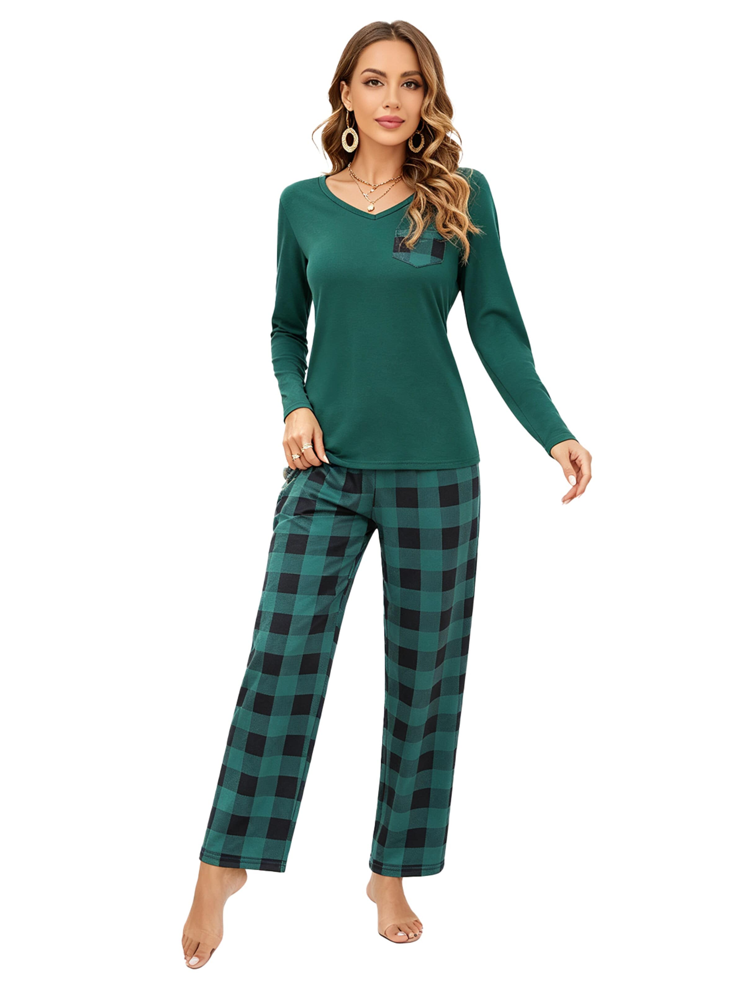 KoJooin Piżama 'Damen Weihnachts-Pyjama-Set im Karierten Design Klassische,Langärmelige Loungewear für Familiäre' w kolorze zielony: przód
