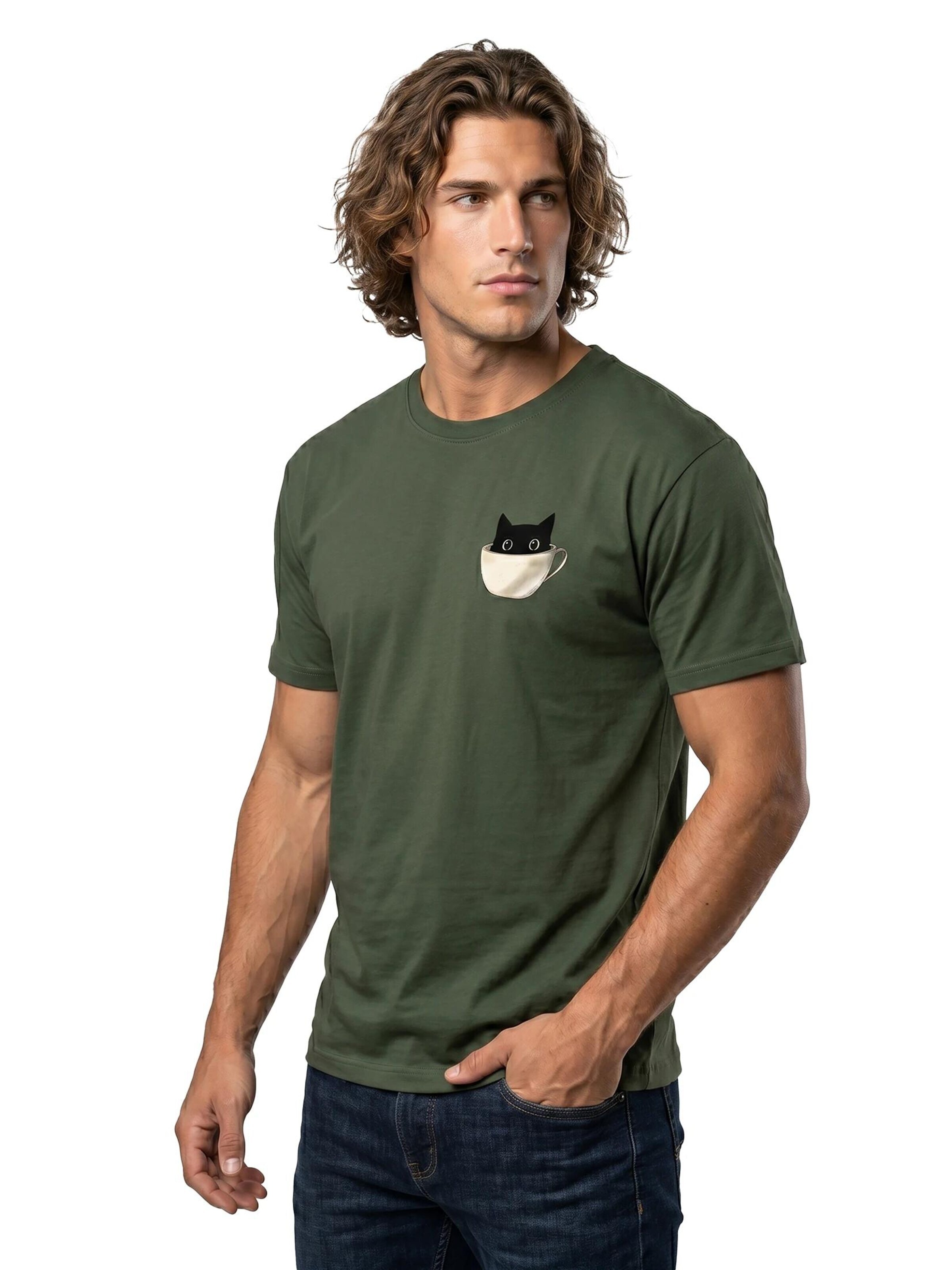 MAKAYA Shirt 'Cup Cat' in Green